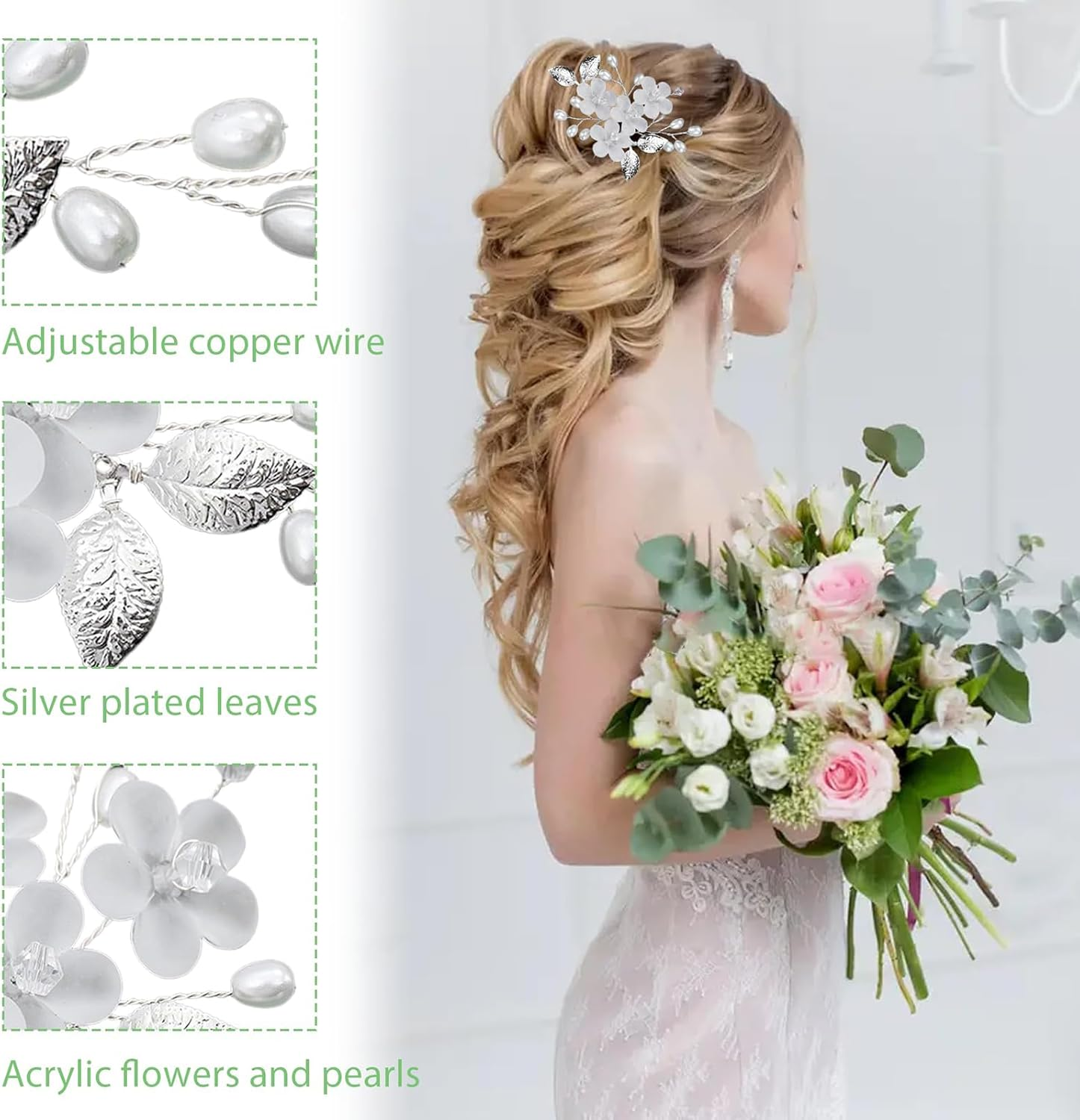Weenwill Bridal Hair Accessories,5 Pcs Bridal Hairpins,Bride Wedding Flower Hair Pins Clips,Pearl Bridal U-Shaped Wedding Hair Pins Bridesmaid Hair Accessories Set for Women Girls Silver image number 3