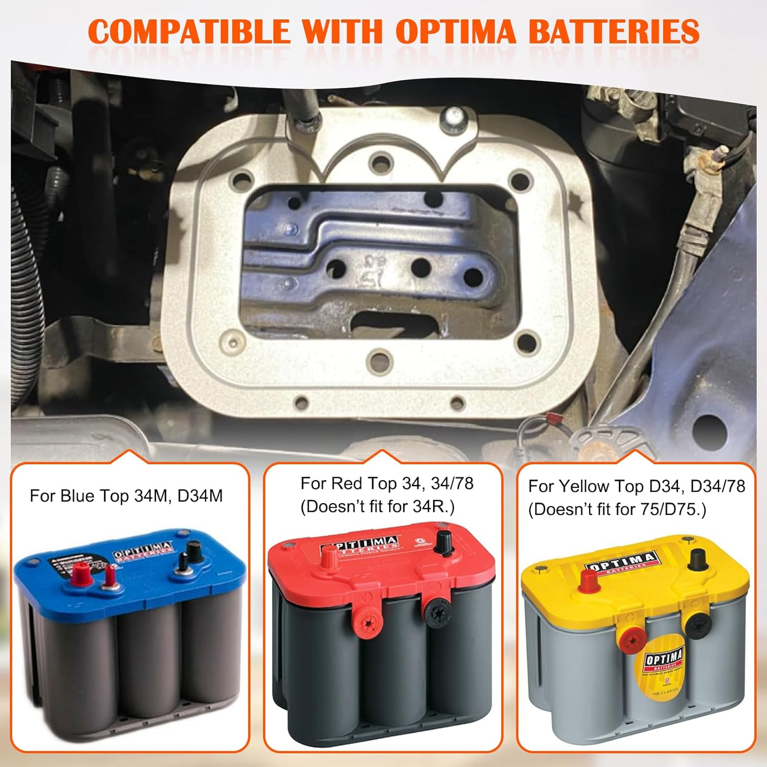 Billet Aluminum Battery Pallet - Trunk Battery Hold down Bracket Perfectly Compatible with Racing Trunk Optima Batteries Tray Blue Yellow Red Top 34M D34M D34 D34/78 34 34/78