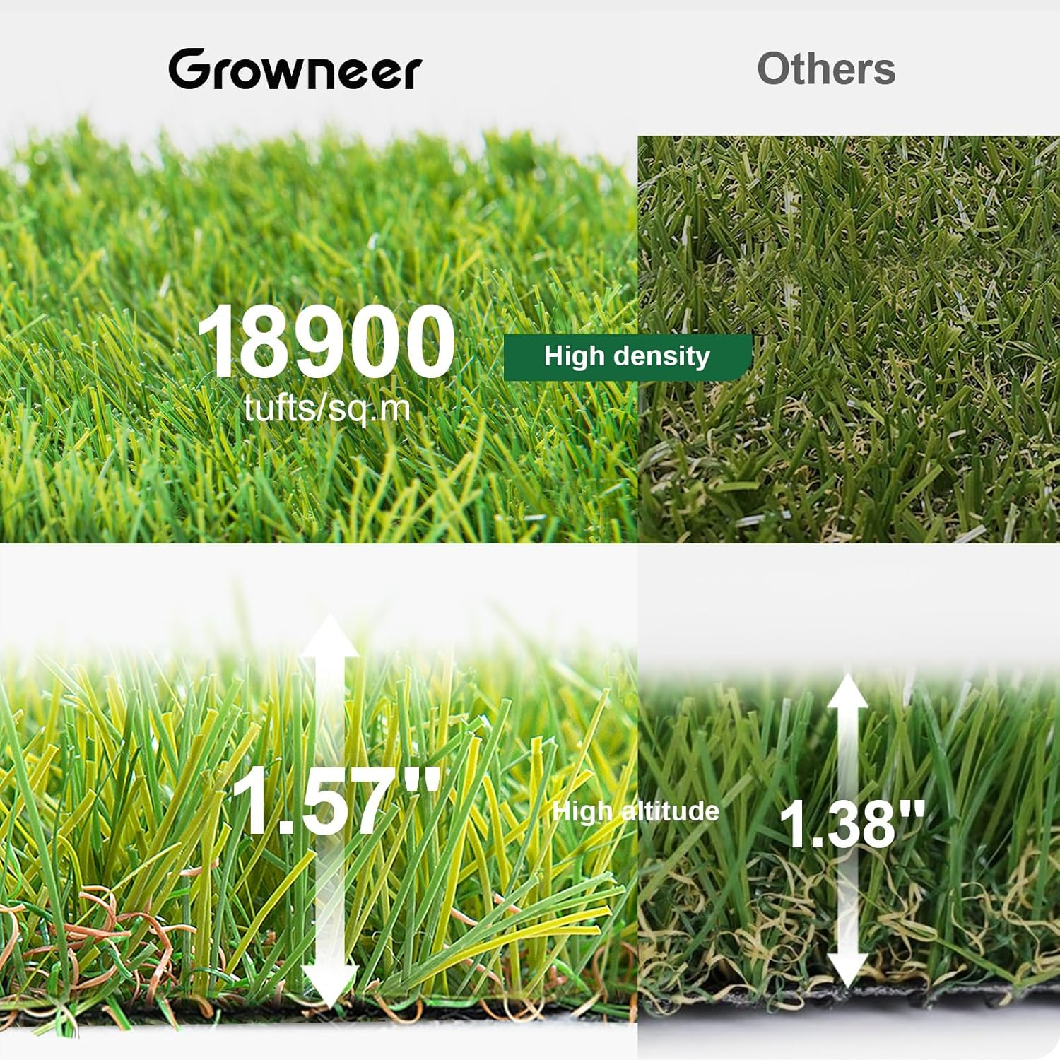 GROWNEER 1.57" H Interlocking Artificial Grass Tiles, 12" X 12" 18 Pcs Fake Grass Deck Turf Tiles with Upgrade Interlocking System Self-Draining for Pet Indoor/Outdoor, Backyard, Patio image number 6