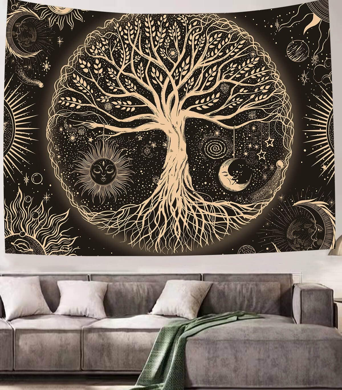 Psychedelic Astrology Tapestry Sun and Moon Wall Hanging Blanket Aesthetic Black and White Wall Tapestry for Living Room Bedroom Home Decor (53&lsquo;&rsquo;X61'', Black and Gold) image number 2