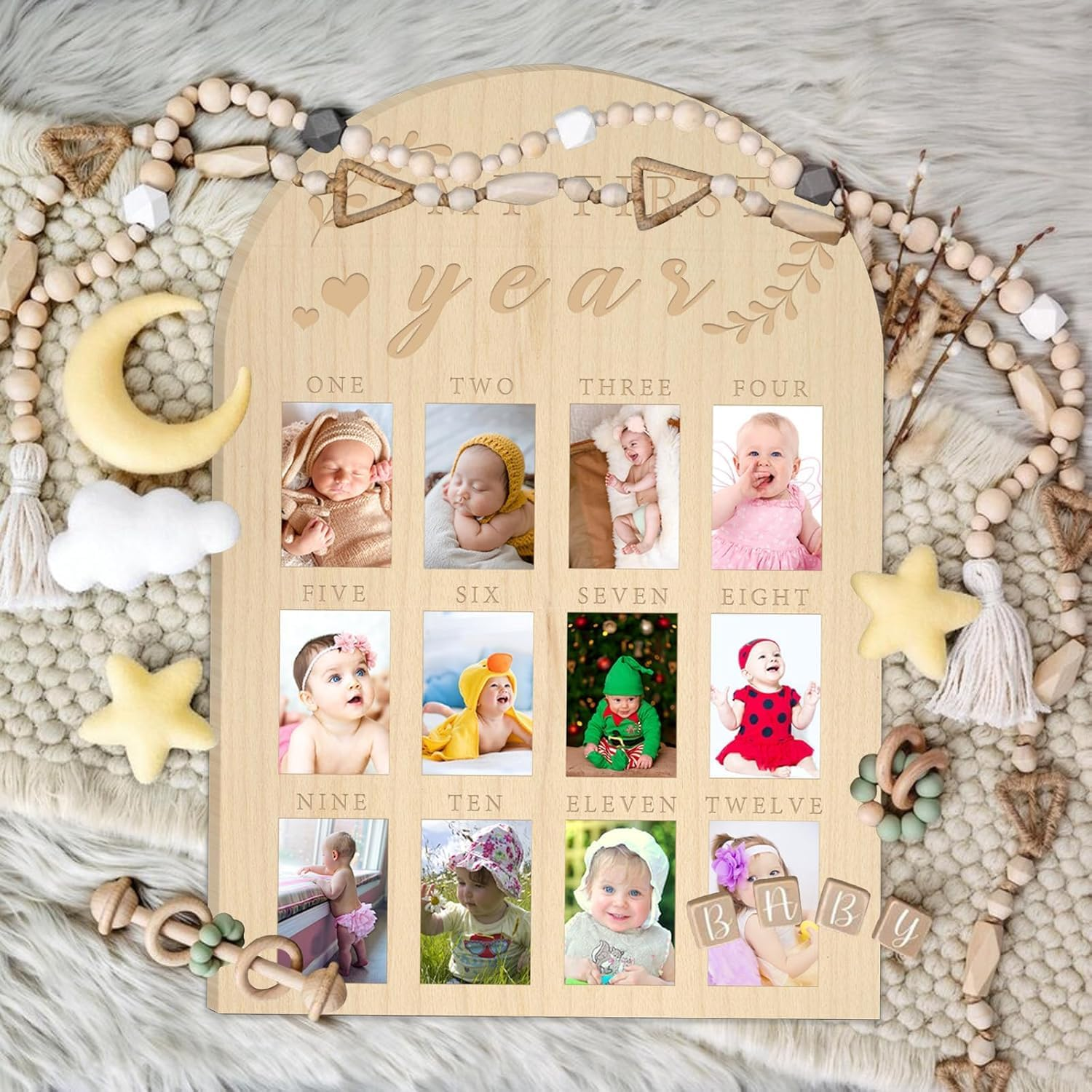 My First Year Photo Display Wood Board Baby'S First Year Photo Frame Milestone Board 12 Months Baby Picture Frame 1St Birthday Nursery Decorations for Boy Girl Baby Keepsake for Mom image number 4