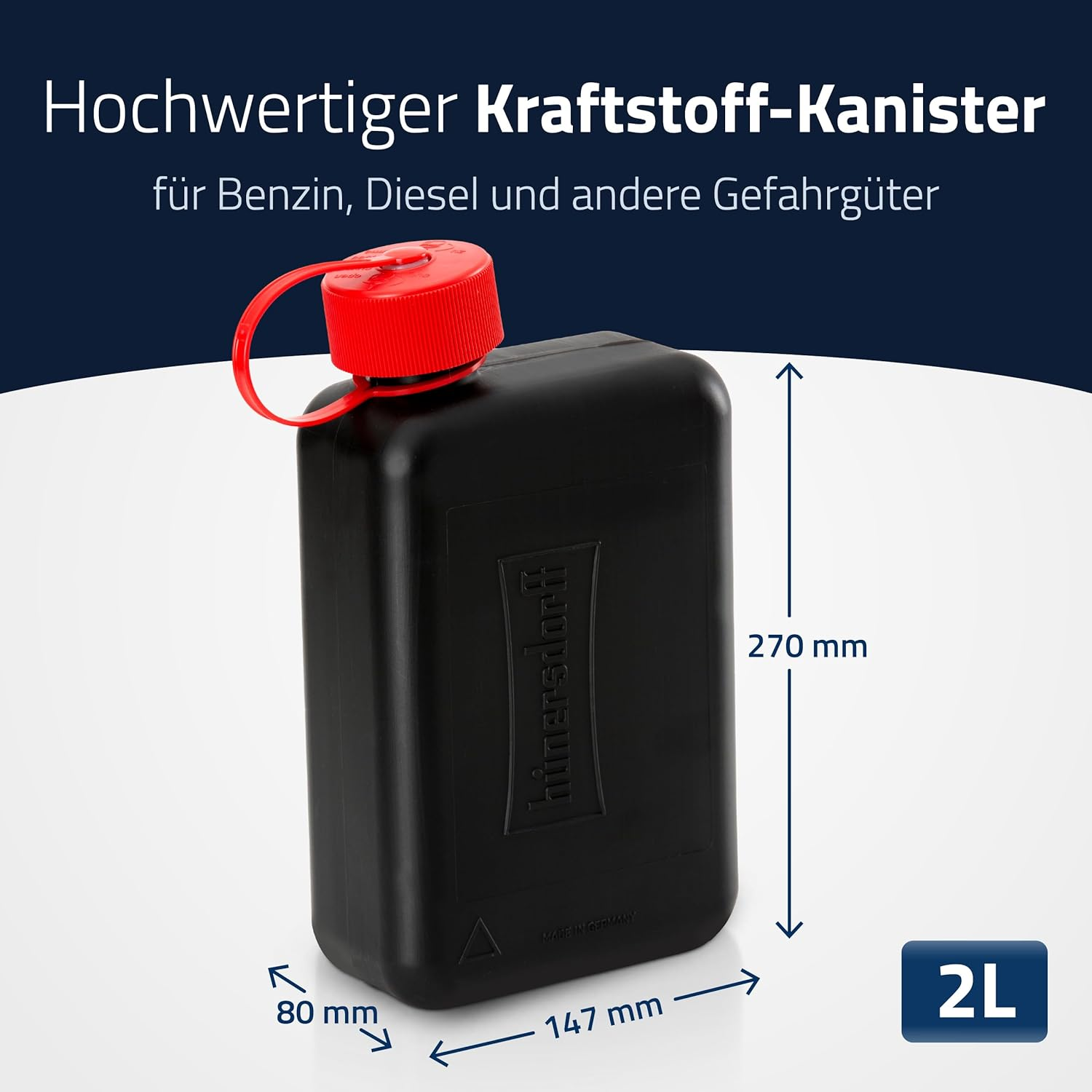 H&uuml;nersdorff Fuel Canister Standard 2 L, Replacement Canister for Small Cars and Hybrid Vehicles, HD-PE, Made in Germany, T&uuml;v-Certified Production, Black