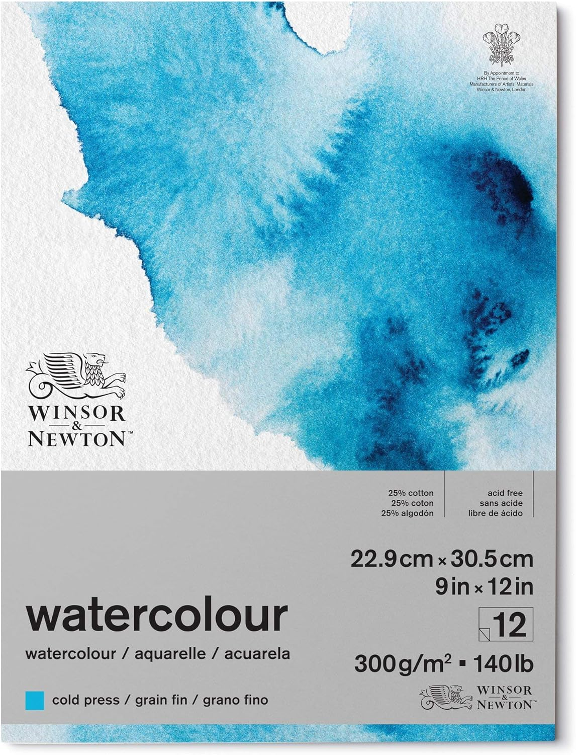 Winsor and Newton Watercolour Paper Pad, 22.9 X 30.5 Cm, 12 Sheets, 300 G/M, Glue Bound, Cold Pressed, Acid, Mixture of 25 Percent Cotton and Cellulose Fibres, Natural White