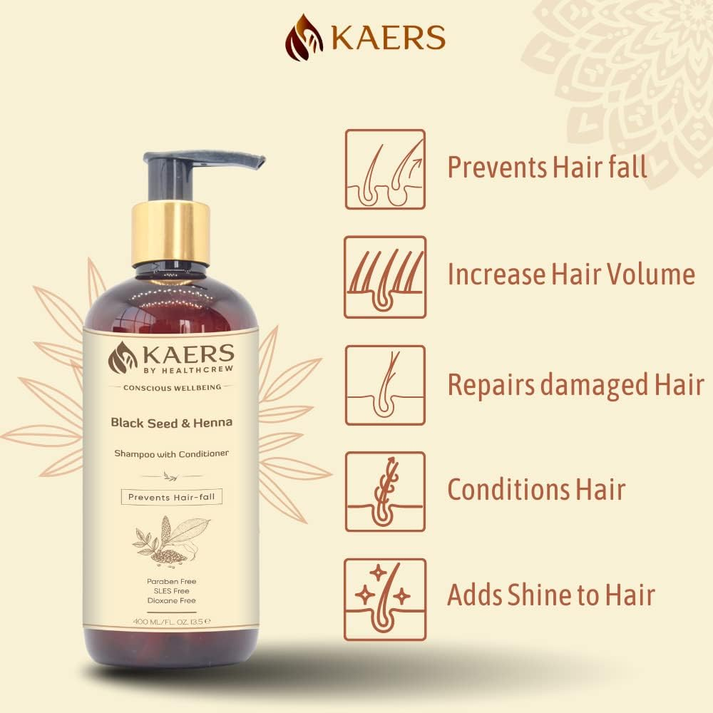 Kaers Kalonji Herbal Shampoo | Black Seed and Henna | Shampoo with Conditioner | Paraben Free, SLES Free, Dioxane Free | for All Hair Types | Smooth, Soft & Shiny Hair for Wow Effect | 400 ML