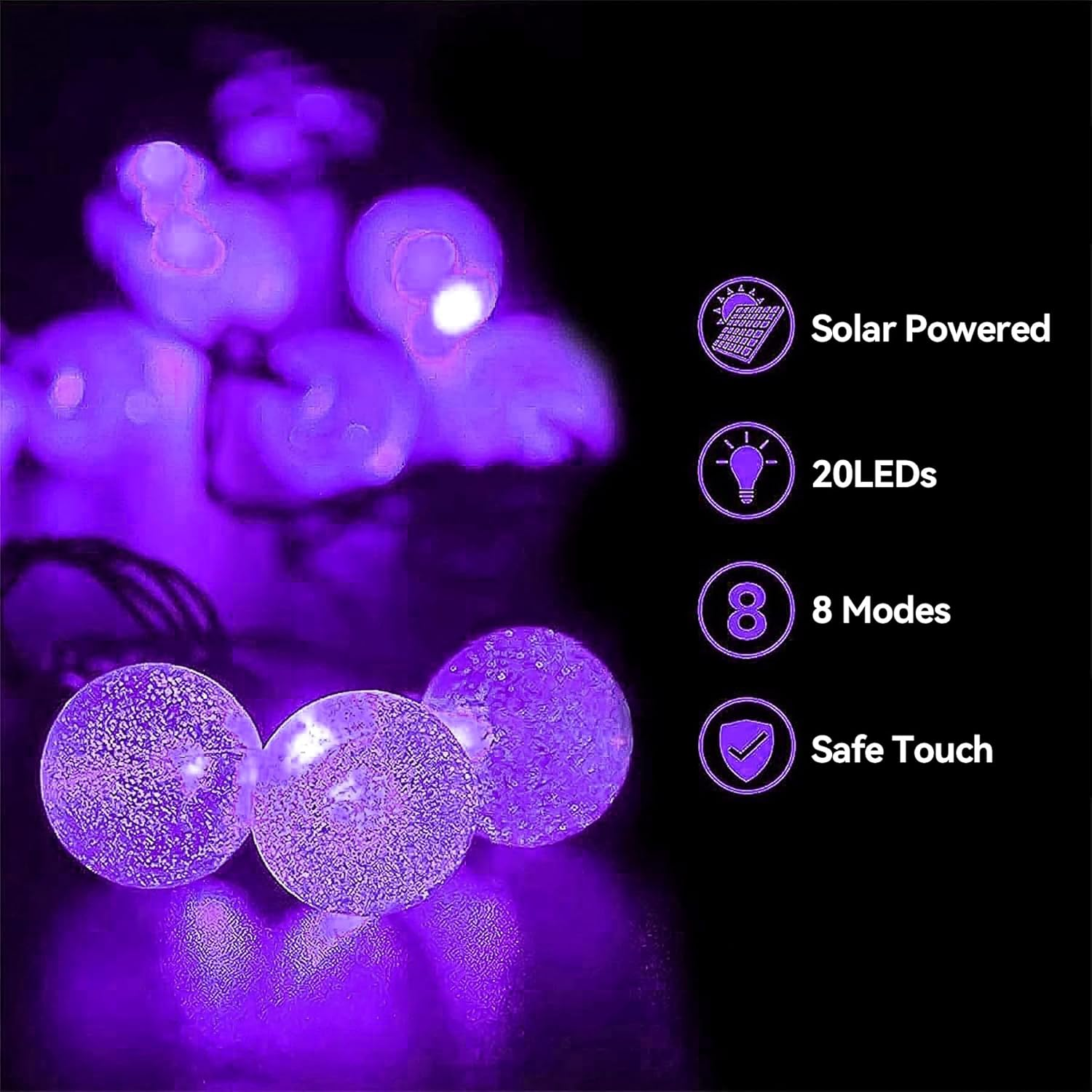 20 LED Decorations Crystal Globe Solar String Outdoor Lights with 8 Lighting Modes Waterproof Solar Powered Patio Hanging Light for Garden Yard Porch Wedding Party Decor(Purple) - Warm Light image number 2