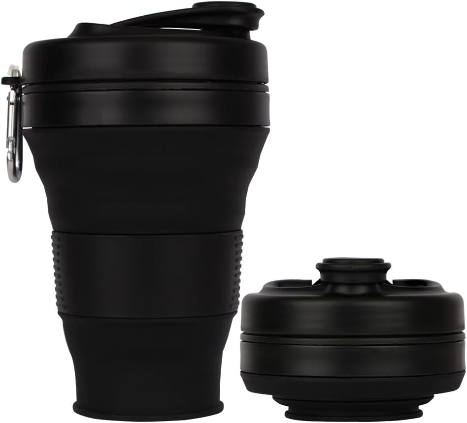 UNNESTAR Collapsible Camping Cup with Straw Silicone Folding Coffee Cup Sport Bottle Portable Travel Outdoor Car 16Oz 20Oz (Black-600Ml)