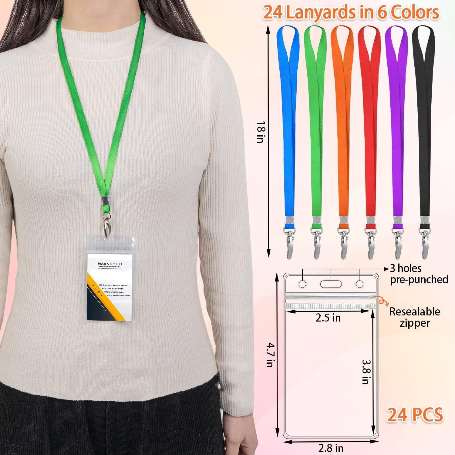 24 Sets Plastic ID Badge Holder with Lanyard, PVC Card Holder with Color Lanyard, Lanyards for ID Badges with Holder image number 3