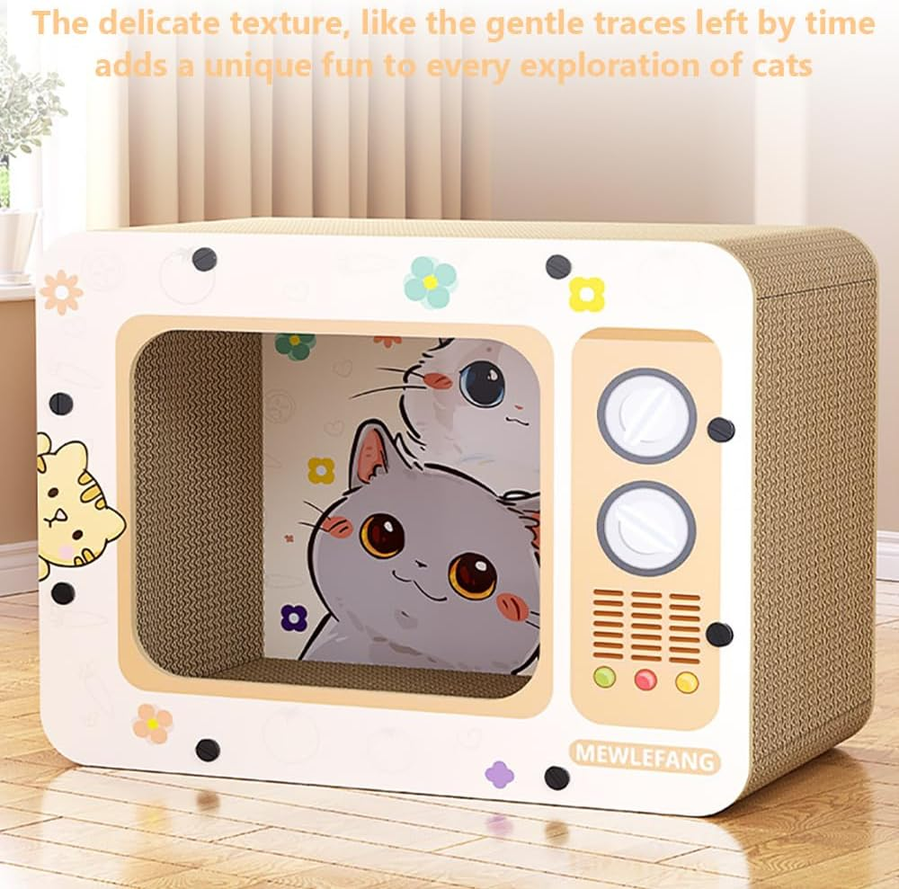 Retro TV Mog Scratcher, Cardboard Pussy Lounge, Eco-Friendly Paperboard Cat Scratching, Cute Style Moggy for Kittens Claws and Sleeping Space image number 1