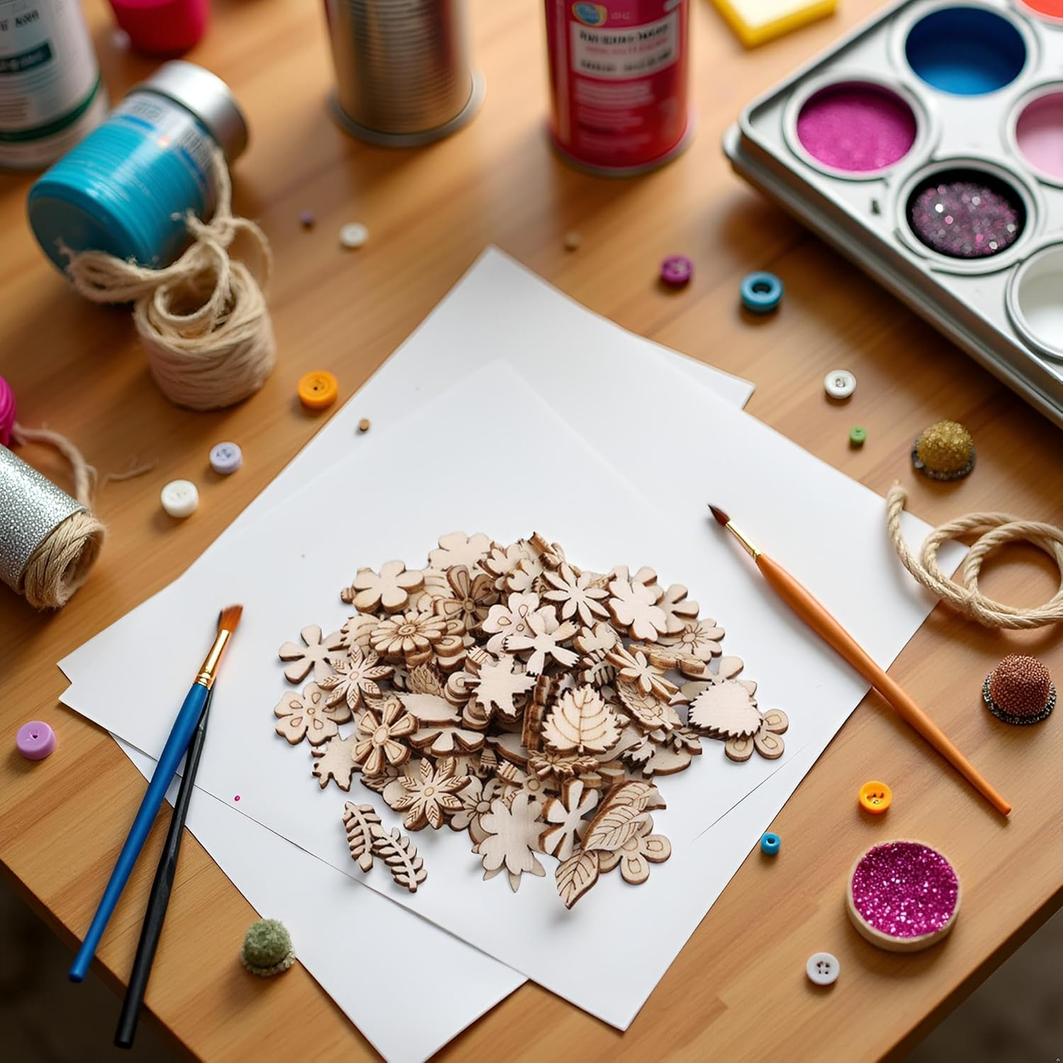 100 Pcs Unfinished Wooden Flower Wood Slice Leaf Pattern Wood Cutouts Pieces Mini Wooden Handmade Crafts Decoration, Craft Supplies image number 5