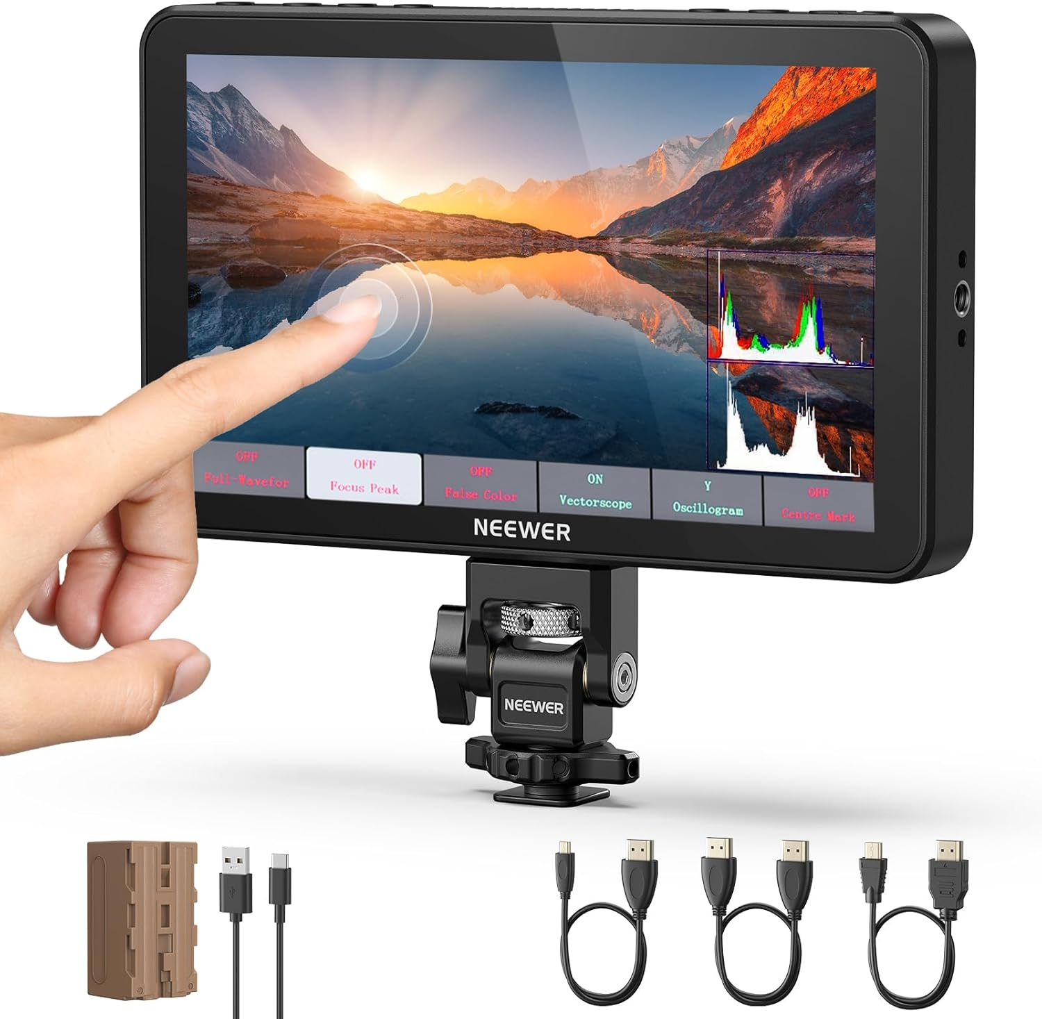 NEEWER F700 7" Camera Field Monitor, 2000Nit HD 1920X1080 IPS Touch Screen with 3D LUT, 4K HDMI Loop In/Out with Peak Focus DSLR Video Assist HDR Waveform, Cold Shoe Mount, 5200Mah Battery & Cable image number 2