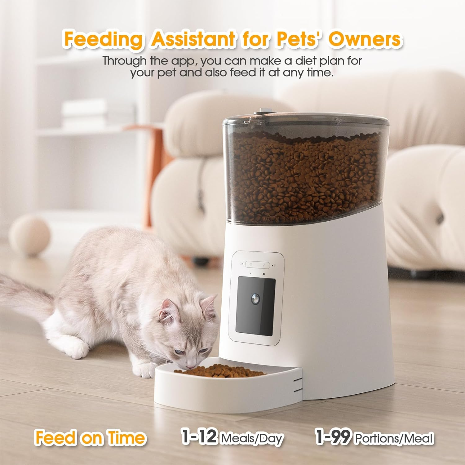 ADVWIN Pet Feeder,1080P HD Wifi 6L Automatic Cat Feeder 110&deg;Angle Adjustable with Night Vision Camera, Smart Timed Pet Feeder for Dogs and Cats（White） image number 6