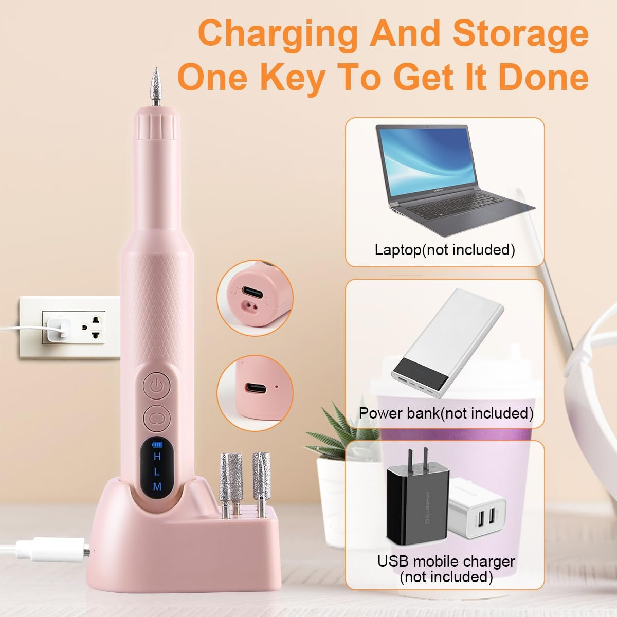 URAQT Electric Nail Drill, Professional Nail Drill Kit with 12 Bits, Adjustable Speed, Wireless Charging, Pink - Pink image number 6