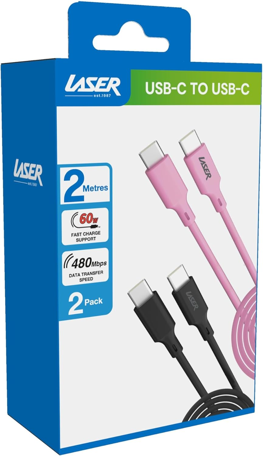 Laser 2M USB-C to USB-C Charger Cable 2-Pack 60W, 480Mbps Data, Compatible with Macbook Pro/Air, Ipad Pro/Air/Mini, Iphone 15/Pro/Max, Samsung Galaxy S23/S24/Ultra and More USB C Devices, Pink/Black image number 2