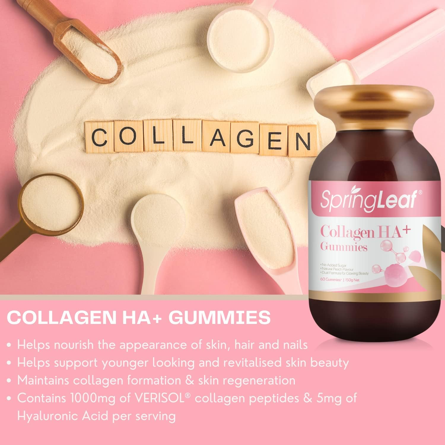 Spring Leaf Collagen Gummies HA+ 60S - Sugar Free Collagen Peptides Option - with Hyaluronic Acid for Hair Skin Nail - for Skin Firmness & Hydration - Natural Peach Flavour image number 1