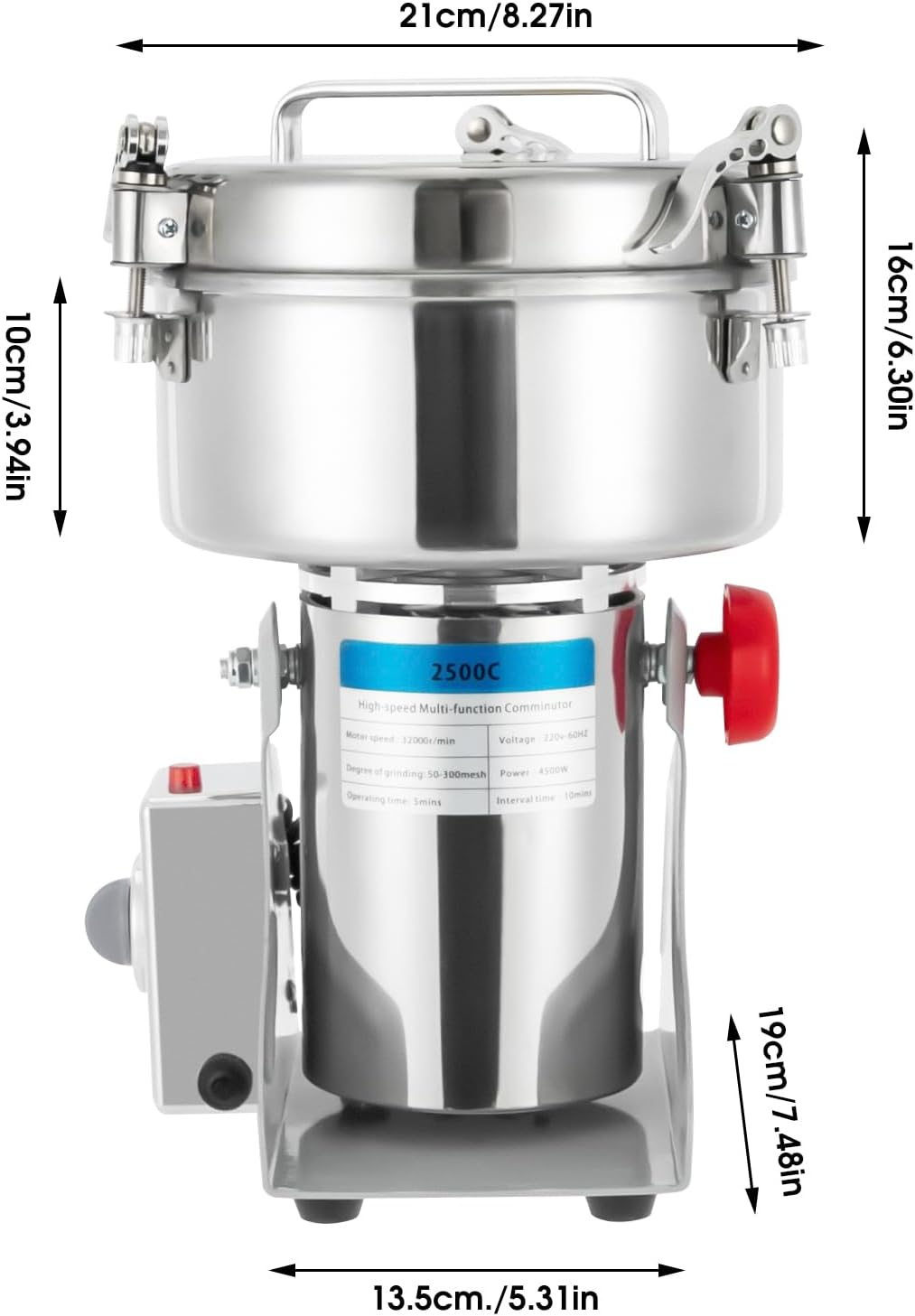 Electric Grain Mill Grinder, 2500G High Speed 304 Stainless Steel Grain Grinder, 4500W Electric Grain Grinding Machine for Grains, Millet & Spices - Spice Grinders for Commercial & Home Use image number 2