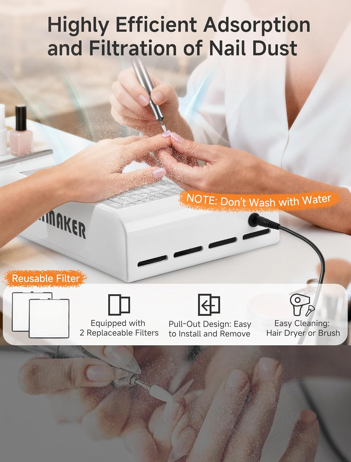 Dust Extraction for Nails, 60 W Nail Vacuum Cleaner with 2 Reusable Filters, Professional Nail Dust Extraction, Suction Nail Studio for Acrylic Nails, Gel Nails, White