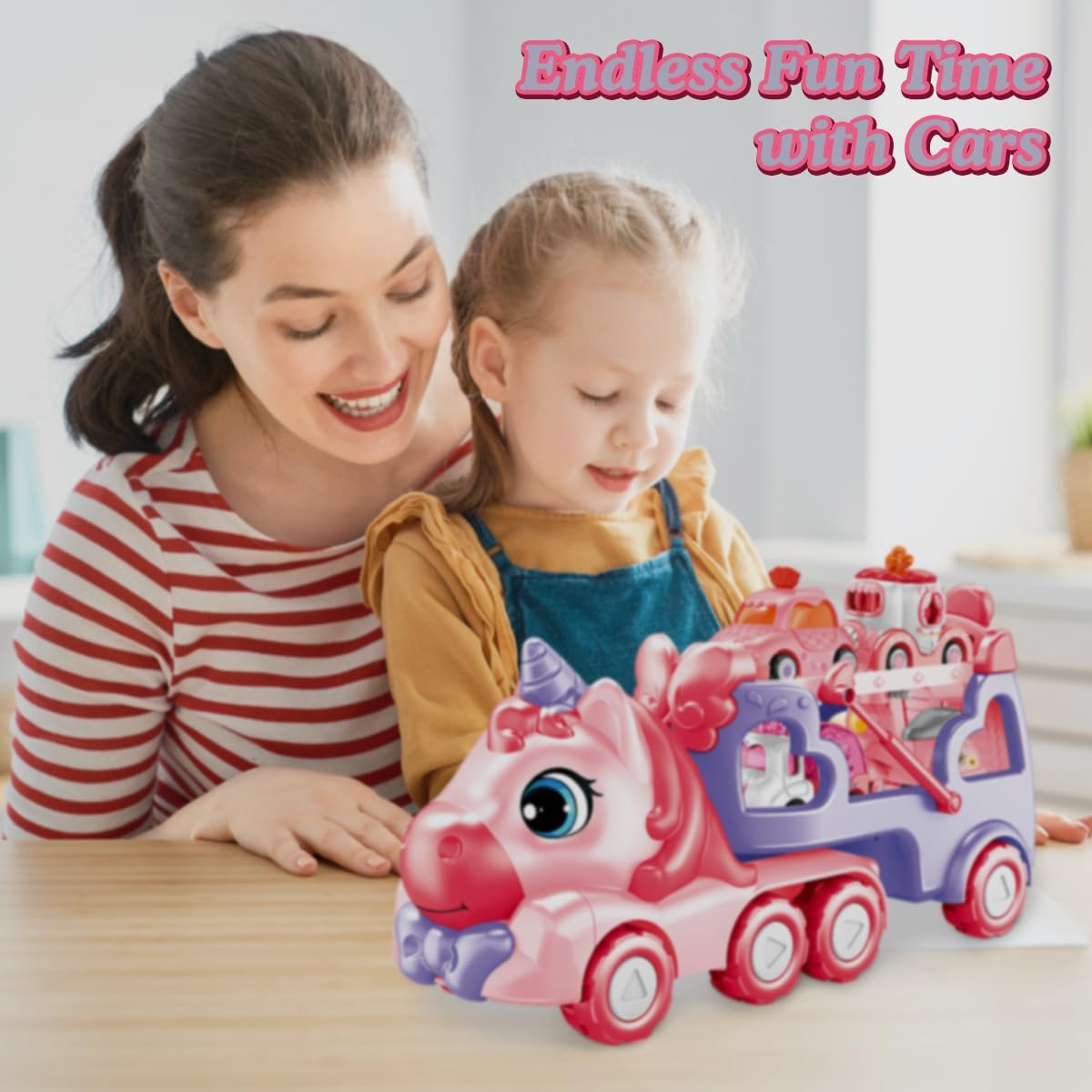 Qizebaby Toy Cars for Toddlers Girls，5 in 1 Carrier Truck Toy for Kids，Transport Vehicles with Light & Music,Unicorn Toys for 1 2 3+ Year Old Girl Gifts image number 4
