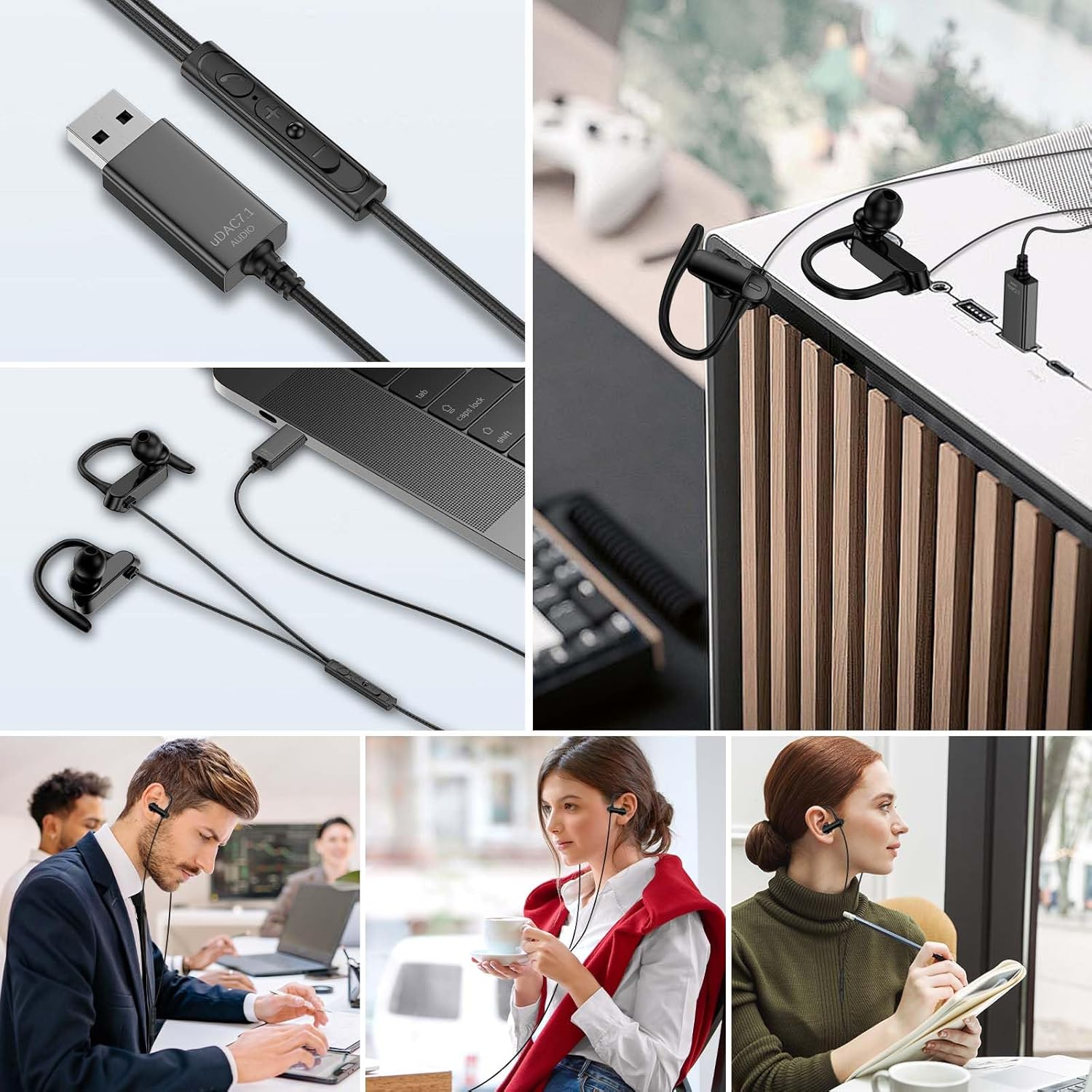 AIAUXAI USB Headphones with Microphone for PC Laptop, Ear Hooks, Volume Control, Noise Reduction, In-Ear USB Headphones with Cable for PS4/5, Macbook, Chromebook for Office, Games, Video, in Line