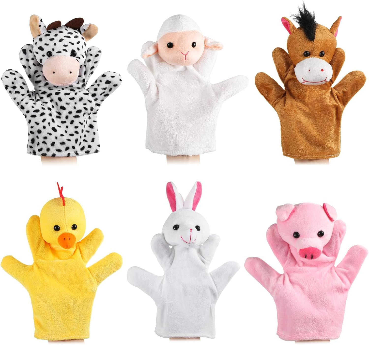 6 Pcs Barn Buddies Hand Puppets Farm Animal Plush Toy Hand Puppets Includes Bunny, Cow, Sheep, Horse, Chicken, Piggy for Kids Boys Girls Party Supplies