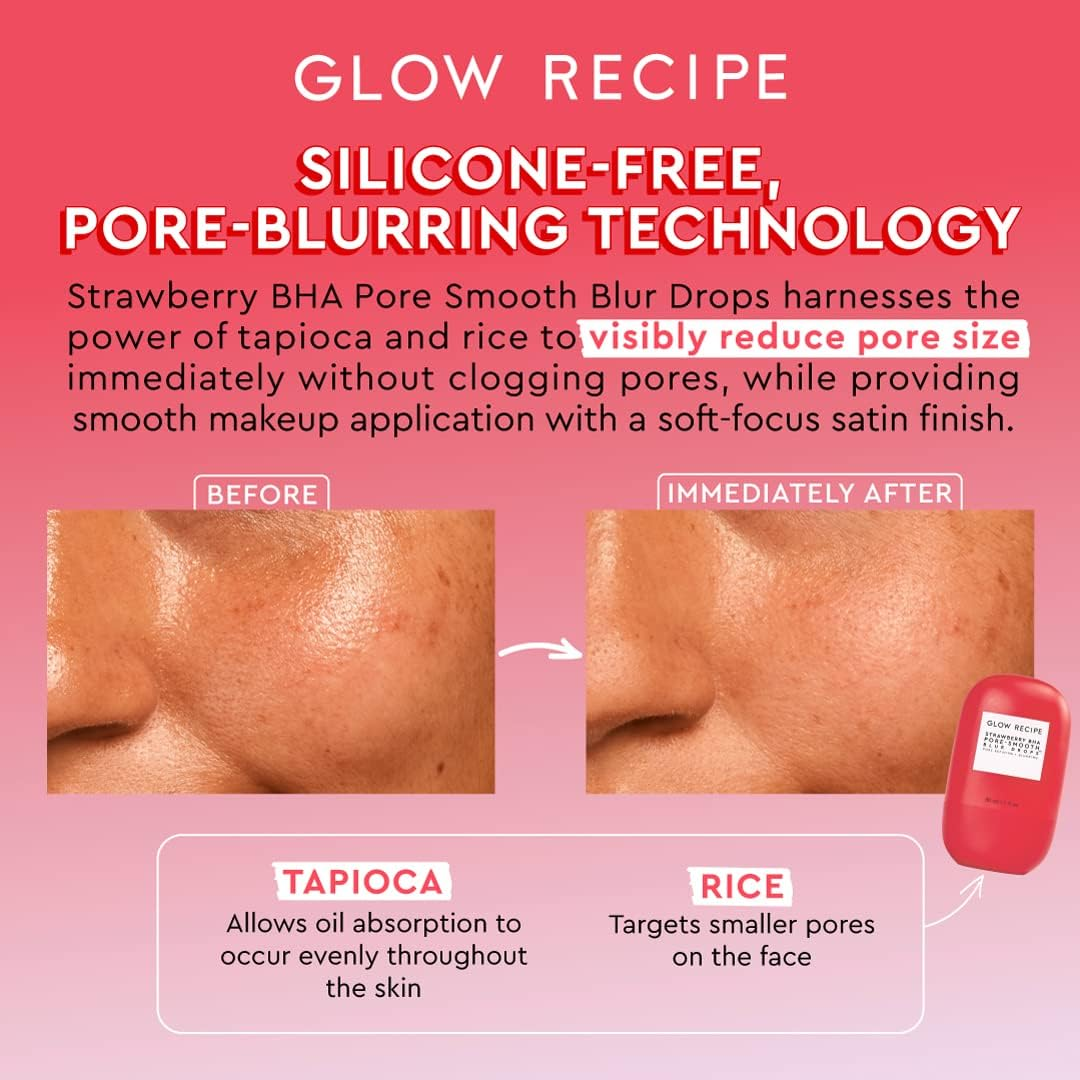 Glow Recipe Strawberry BHA Pore-Smooth Blur Drops - Silicone-Free, Oil-Free - BHA Primer Face Makeup Pore Minimizer - Antioxidant Face Serum for Women - Pore Reducer for Hydrating, Glowing Skin (30Ml)