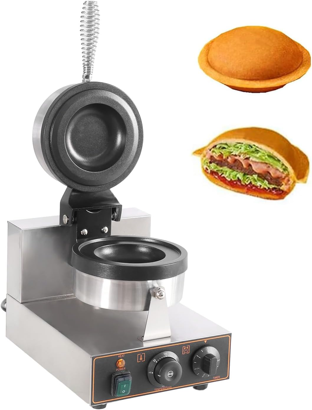 Zertylre Burger Waffle Maker, Non Stick Electric Panini Press Machine, Electric Heating Single Head Ice Cream Burger Machine, Double-Sided Heating, 50-300℃, 5 Minutes Timer (A Style)