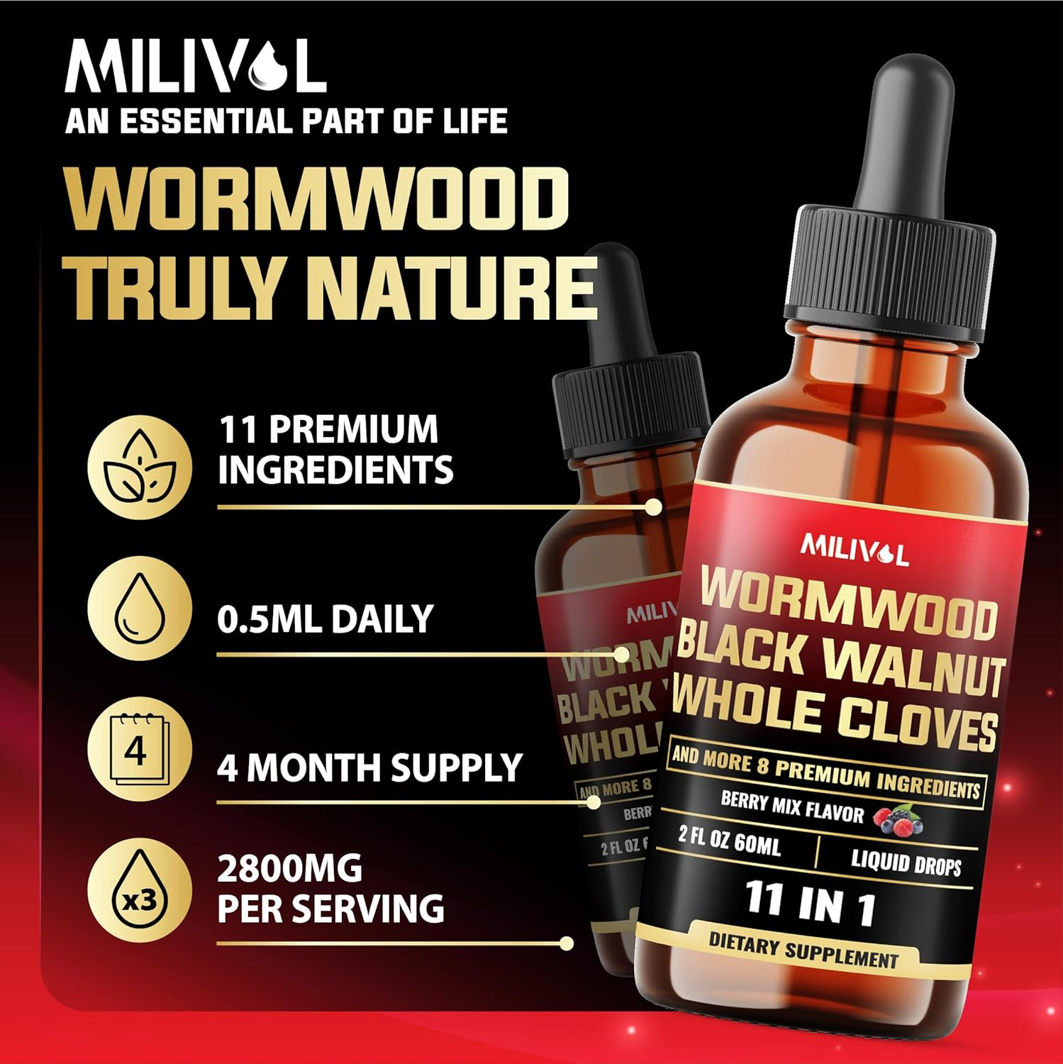 2800Mg 11In1 Black Walnut Wormwood Tincture Extract with Whole Cloves, Berberine and 8 More - Berry Mix Flavor - 2FL Oz - 120 Day Supply image number 2