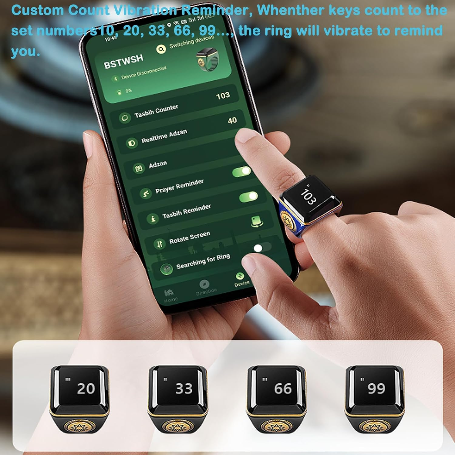 YUENTOEN Finger Tally Counter Clicker, Digital Tally Counter Ring with 0.49In Screen, APP Support, Prayer Reminders, Easy Count(Black,20Mm) image number 6