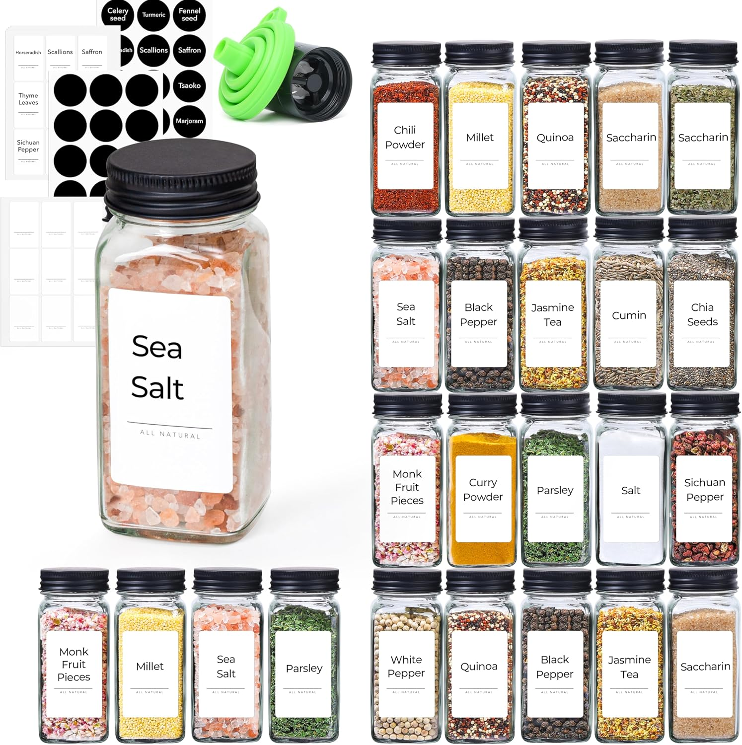 Comsaf 24Pcs 4Oz Spice Jars with Metal Lids, Square Glass Spice Containers with 93 Labels, Seasoning Shaker with Collapsible Funnel Pepper Grinder, Empty Spice Bottles for Kitchen Drawers Cabinet image number 3