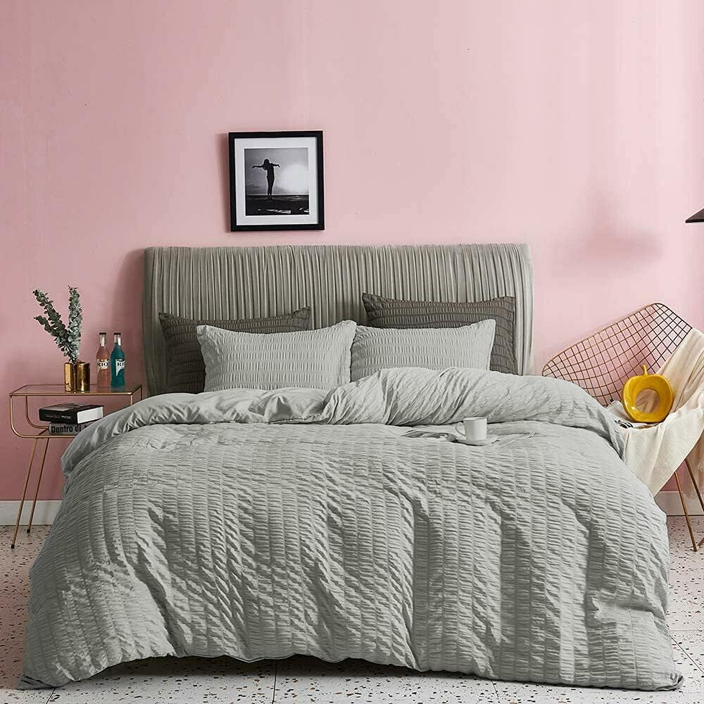 Seersucker Style Striped Quilt Duvet Doona Cover Set Bedding White Grey Pink (Blush Pink, Single) image number 5