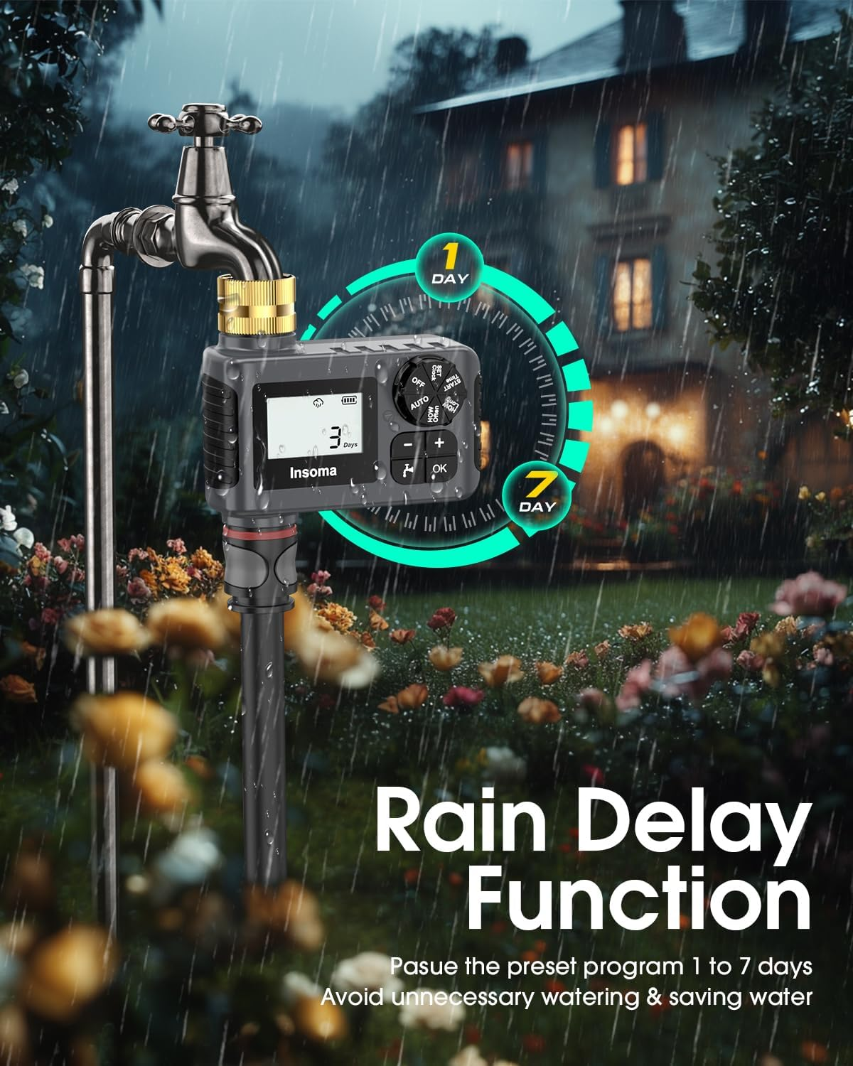 Water Timer for Outdoor Garden Hose, Hose Timer with Rain Delay/Manual Mode, Automatic Drip Irrigation Controller System for Lawn Yard Garden Watering image number 4