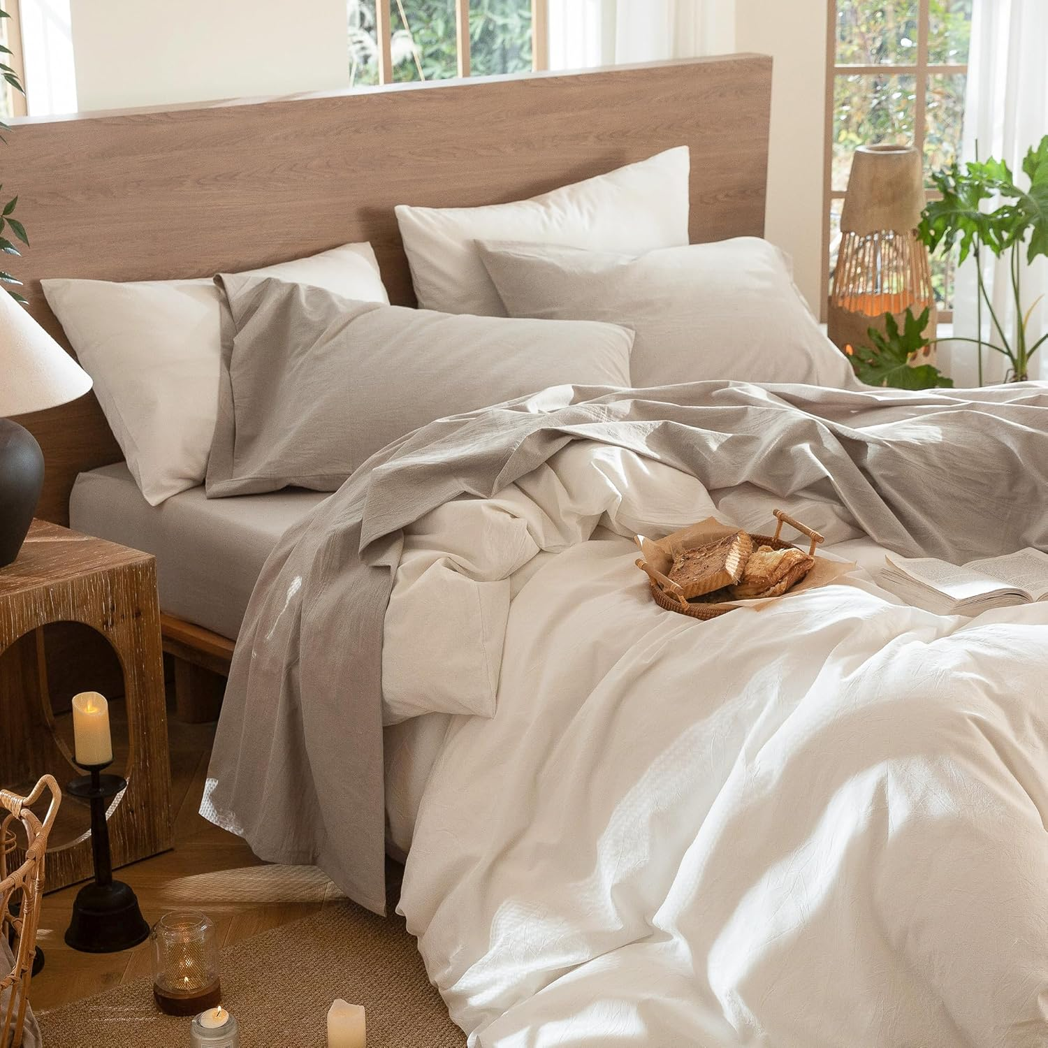 Moomee Bedding Sheet Set 100% Washed Cotton Linen like Textured Breathable Durable Soft Comfy (Tannish Linen Grey, Queen) image number 7