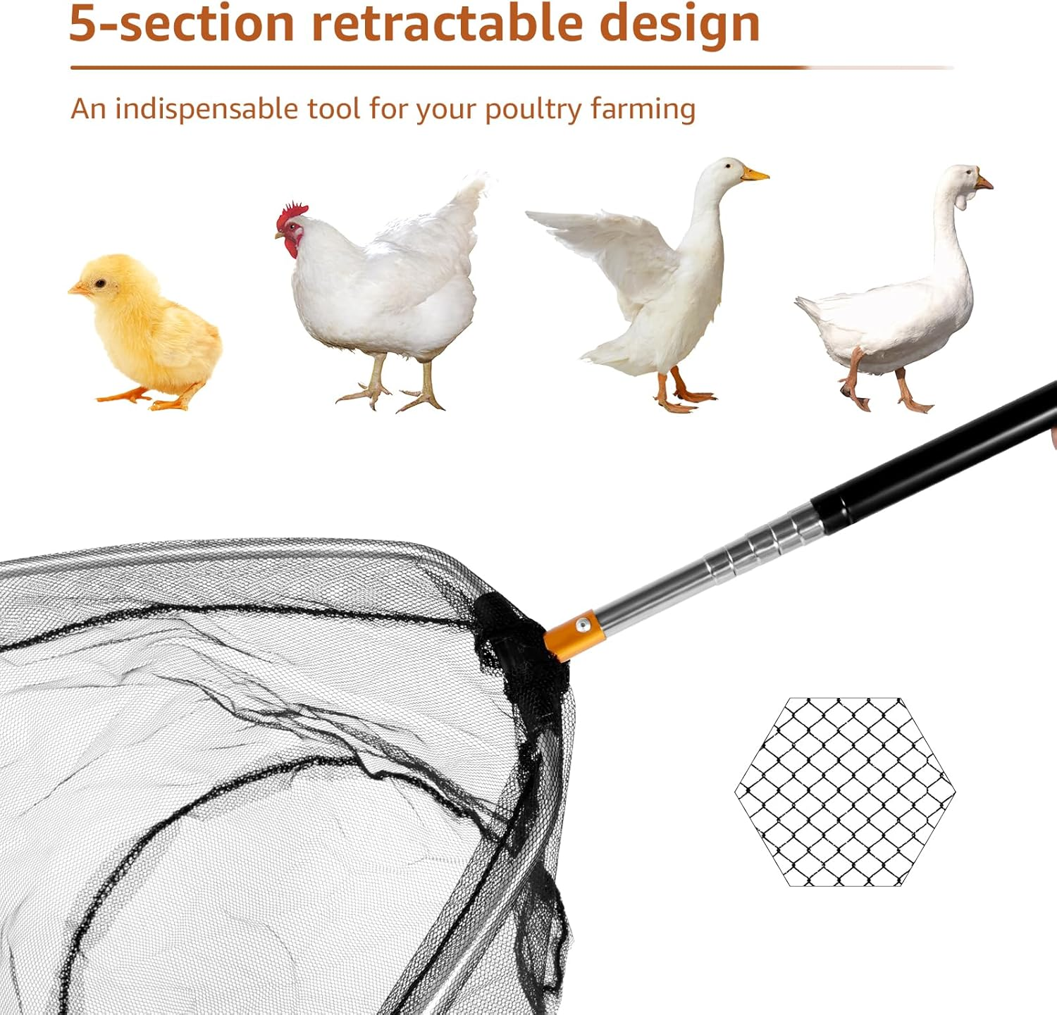 Telescopic Chicken Net Catcher 58.5 Inch Chicken Catching Net with Handle Stainless Steel Pole Poultry Catcher Leg Hook for Catching Poultry Chickens Turkeys Geese Ducks Fish image number 2