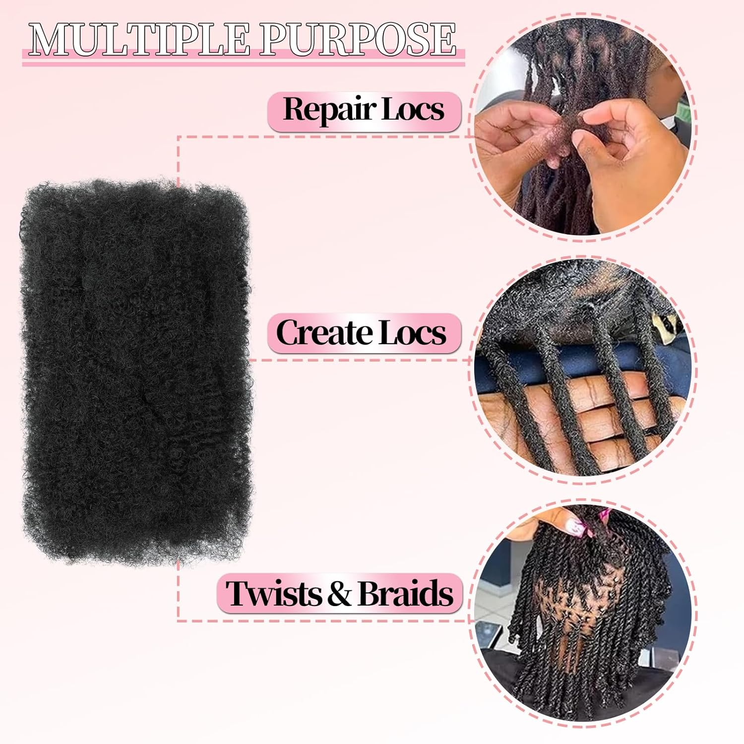 SHIHERESH 12 Inch Afro Kinky Curly Braiding Hair Bulk for Dreadlock Extensions 3 Bundles Marley Twist Hair Bulk for Micro Locs Spring Afro Twist Braids and Repair Locs (1B, 30 G/Pack) image number 6