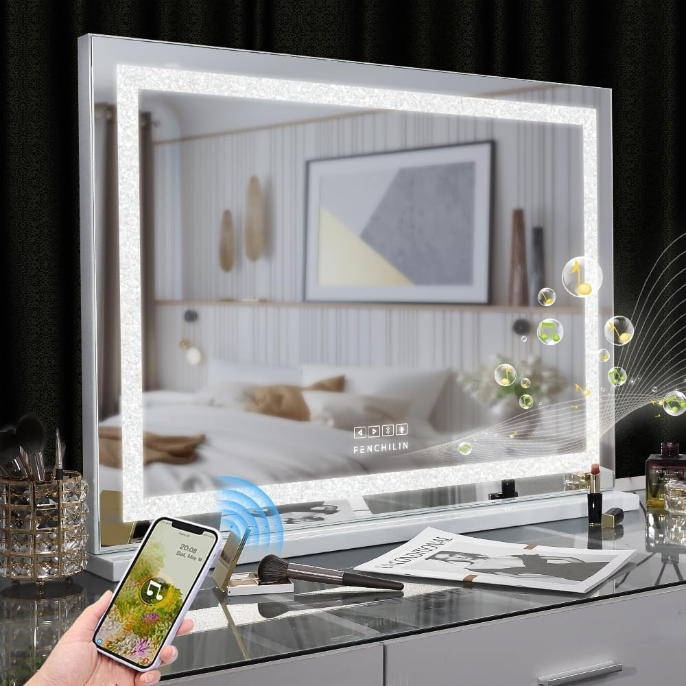 FENCHILIN Vanity Mirror Crystal Crushed Diamond 31.5" X 22.8" Makeup Mirror with Bluetooth Speaker Large Hollywood Mirror with Dimmable LED Light Strip USB Charge Port 3 Color Modes White image number 1