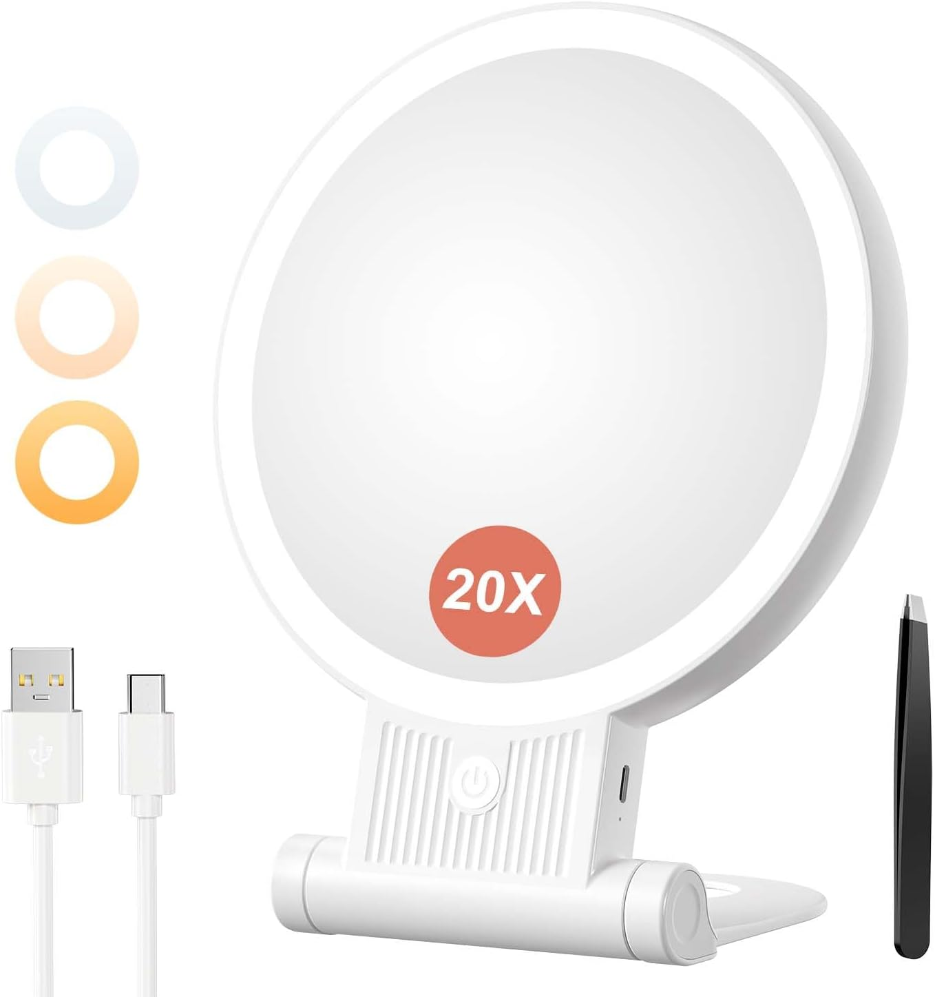 Auxmir 1X/30X Magnifying Mirror with Light, 2000Mah Rechargeable Travel Makeup Mirror with Magnification, Lighted Vanity Mirror with Adjustable Folding Handle, Tabletop Mirror for Tweezing Travel