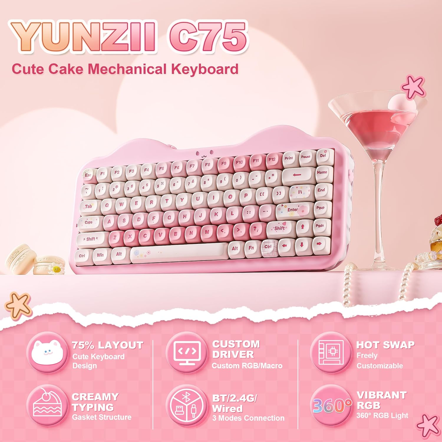 YUNZII C75 Wireless Mechanical Keyboard, 75% Layout Hot Swappable Creamy Keyboard NKRO, PBT MOA Keycaps RGB Backlit Gasket Mount,Cake Design BT5.0/2.4G/USB-C for Win/Mac/Gaming (Pink, Milk V2 Switch) - Beige image number 5