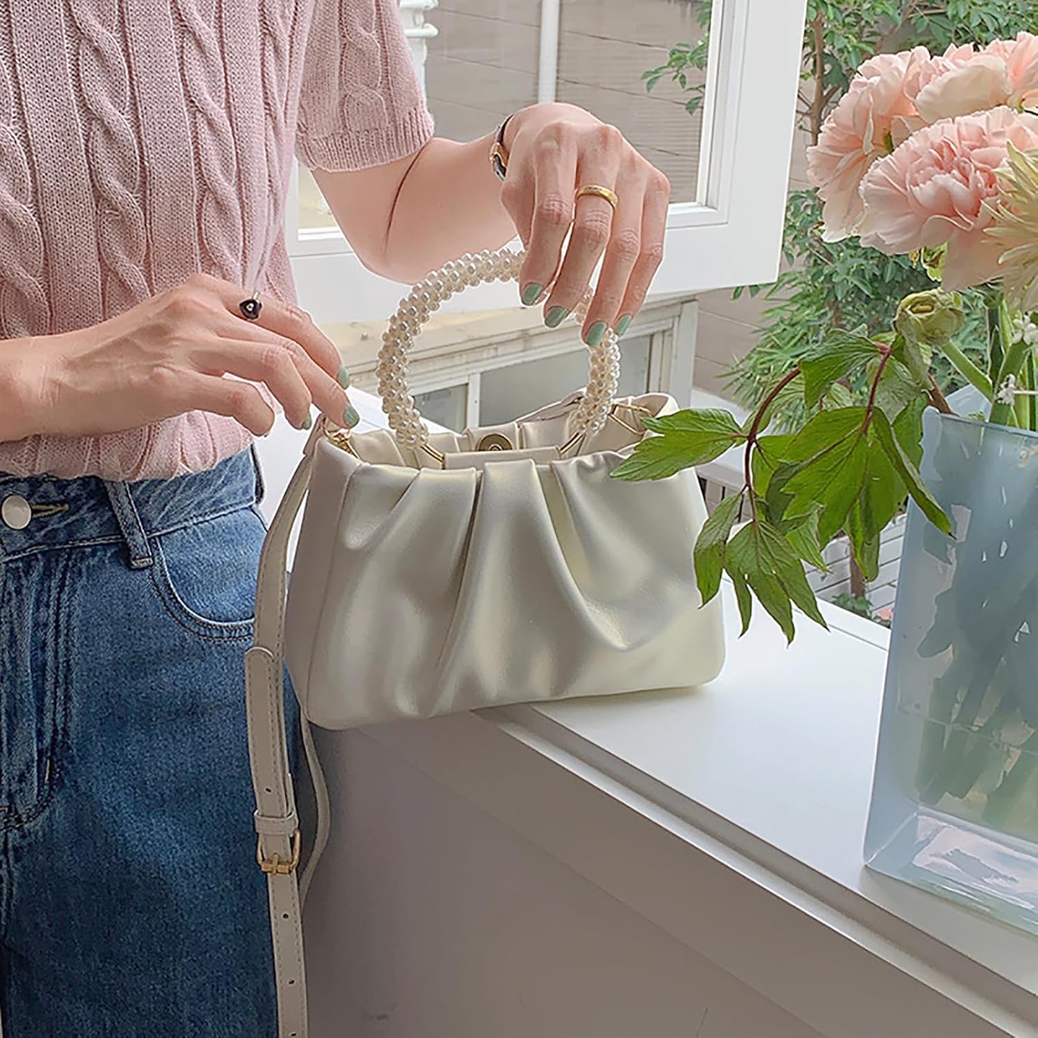 White Pearl Purse Women Soft Leather Evening Clutch Bag Wedding Prom Shoulder Crossbody Bag Small Chic Party Purse&hellip;