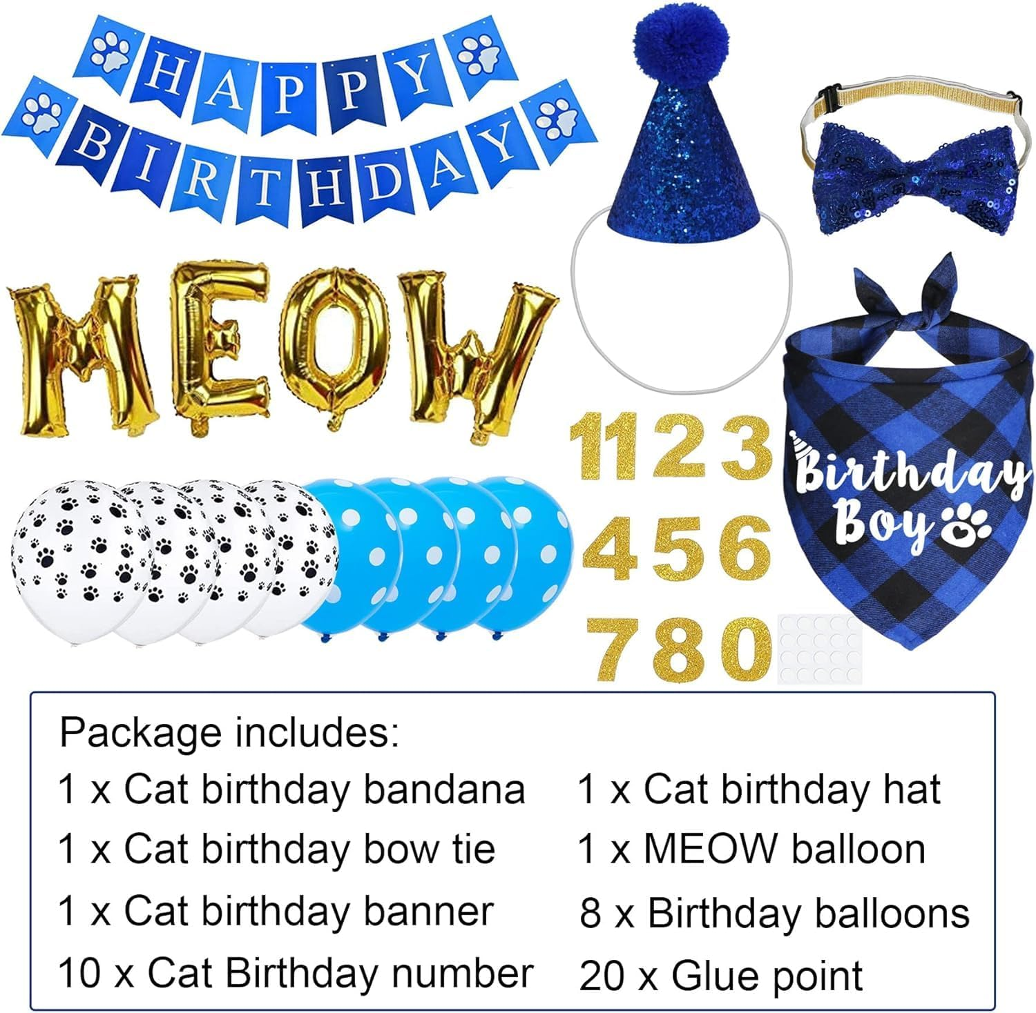 Cat Birthday Bandana, Cat Birthday Boy Girl Hat Scarfs Flag Balloon with Cute Doggie Birthday Party Supplies Decorations image number 1