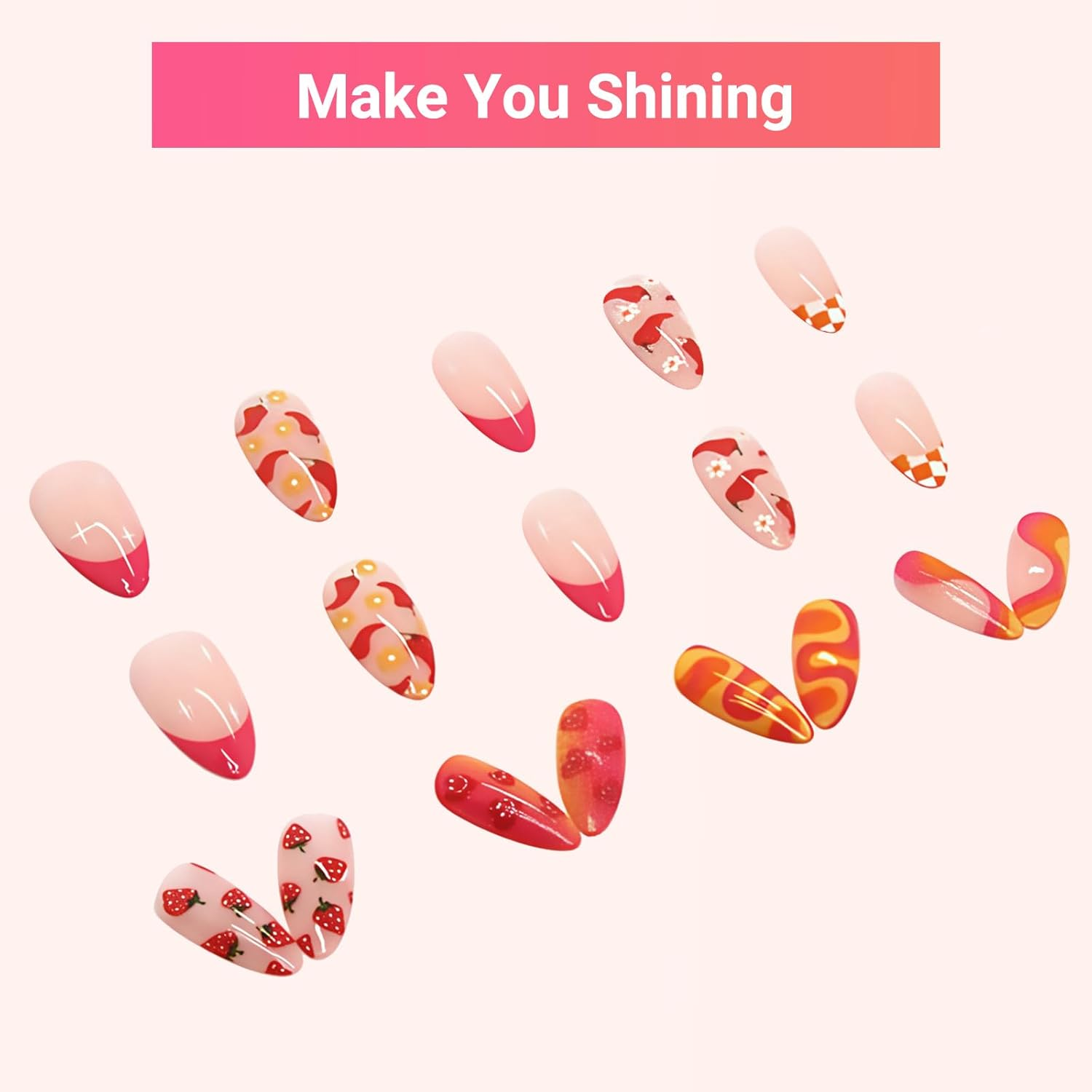 24-Set Press on Nails Almond Medium French Tip Acrylic Fake Nails with Fruit Colorful Swirl Patterns Designs Full Cover Reusable Almond False Nails Set, Nails Stick for Women image number 2