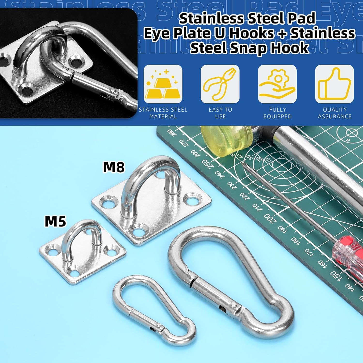 Glarks 40Pcs M8 Stainless Steel Pad Eye Plate Hook and Snap Hook Kit, Square Eye Plate U Hooks Heavy Duty Ceiling Hooks and Carabiner Clips Snap Hook for Ceiling, Mounting Hanging Hardware image number 2