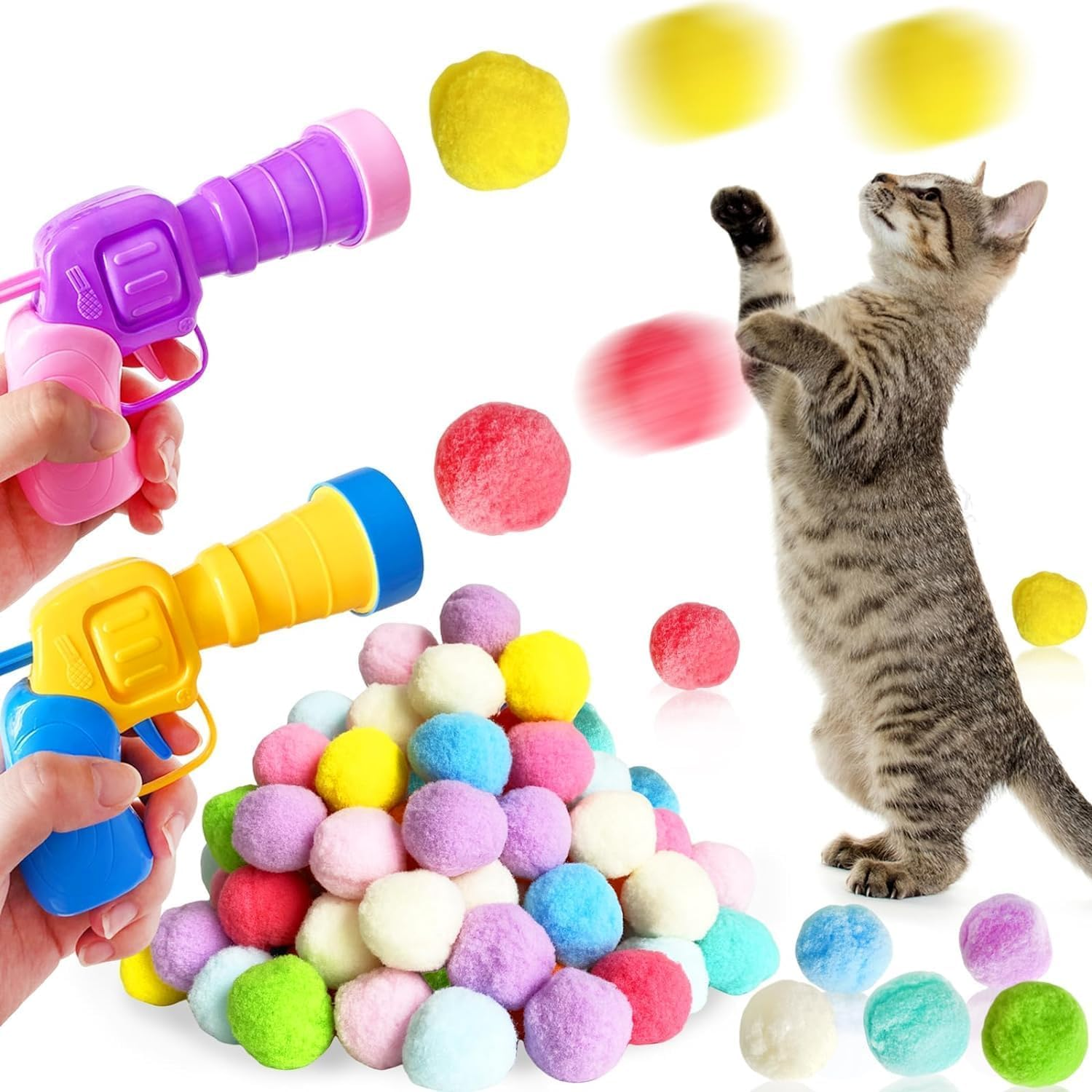 Kitten Toys, Interactive Cat Toys, 30 Cat Pom-Poms Balls & 1 Cat Toy Launcher, Cat Toys for Indoor Cats DIY Set, Suitable for Training and Playing (Multicolor)