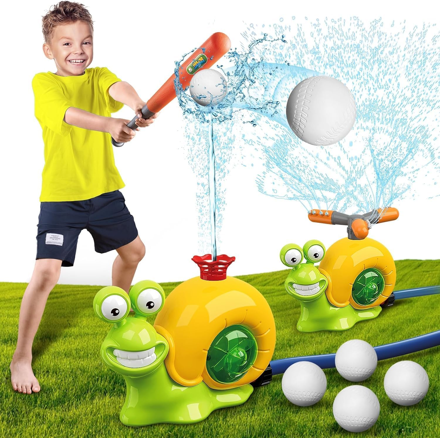 Water Sprinkler Baseball Toy for Kids Outdoor Play, 2 in 1 Snail Summer Water Game with 2 Sprinkler Heads, 360&deg; Roating Spray Water Baseball for Boys Girls Summer Backyard Lawn Pool Party Fun image number 2