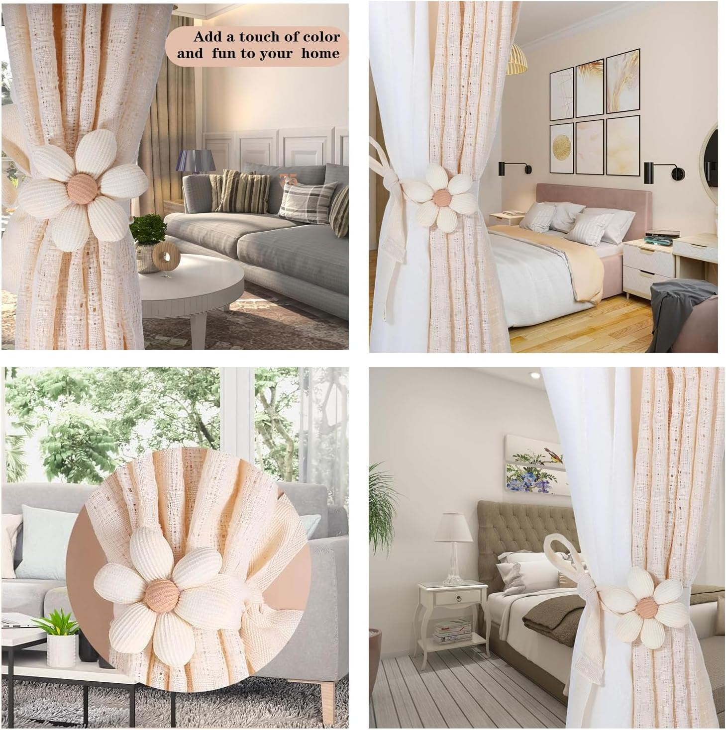 Shengsenfu 4 Pcs Boho Flower Curtain Tiebacks, Daisy Curtain Hook Set, Cute Sunflower Curtain Holders, Decorative Rope for Bedroom Draperies Decor, Cotton Holdbacks for Indoor & Outdoor Drapes Decor image number 6