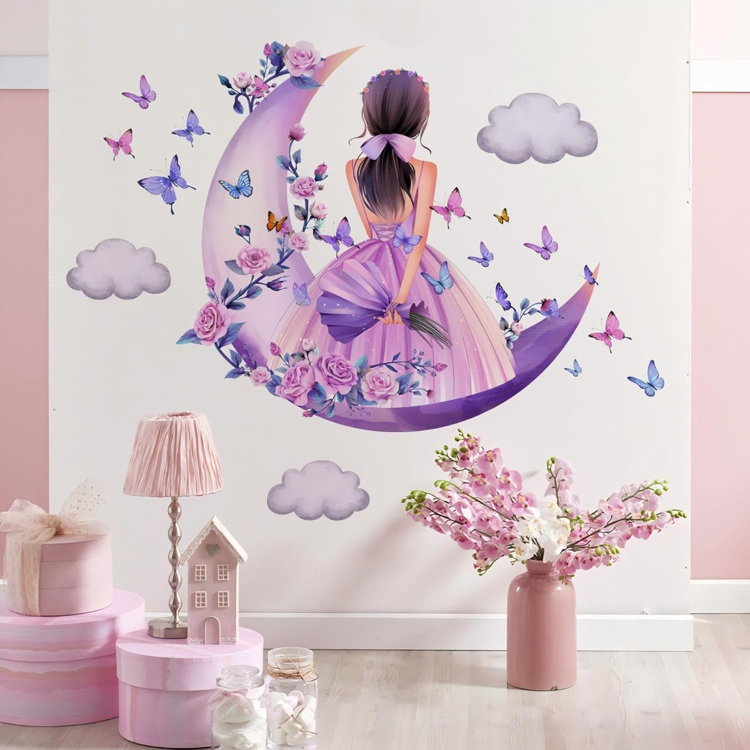 Butterfly Girl Wall Sticker, Moon Clouds Flower Fairy Wall Decal, Pink Floral Photo Wallpaper, Colourful Butterflies Wall Decoration, Wall Art for Girls, Baby, Children'S Room, Bedroom image number 4