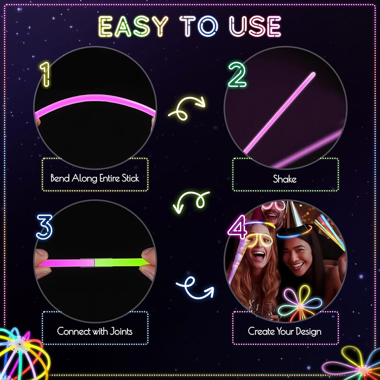 Wukon Glow Sticks Set 606 PCS - 8" Ultra Bright Bulk Glow in the Dark Party Supplies with Connectors for Bracelets, Necklaces, Glasses & Headbands, Glow Stick Party Favors for Kids & Adults Festivals image number 5