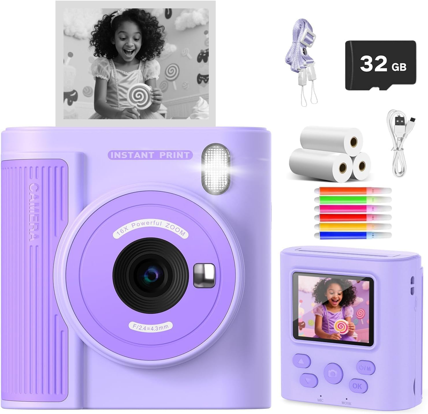 ZONEY Instant Print Camera for Kids, Birthday Gifts for Girls Boys,1080P Kids Digital Camera with Dual Camera Toys for 4 5 6 7 8 9 10 Year Old Girl with 32GB SD Card(Purple) image number 6