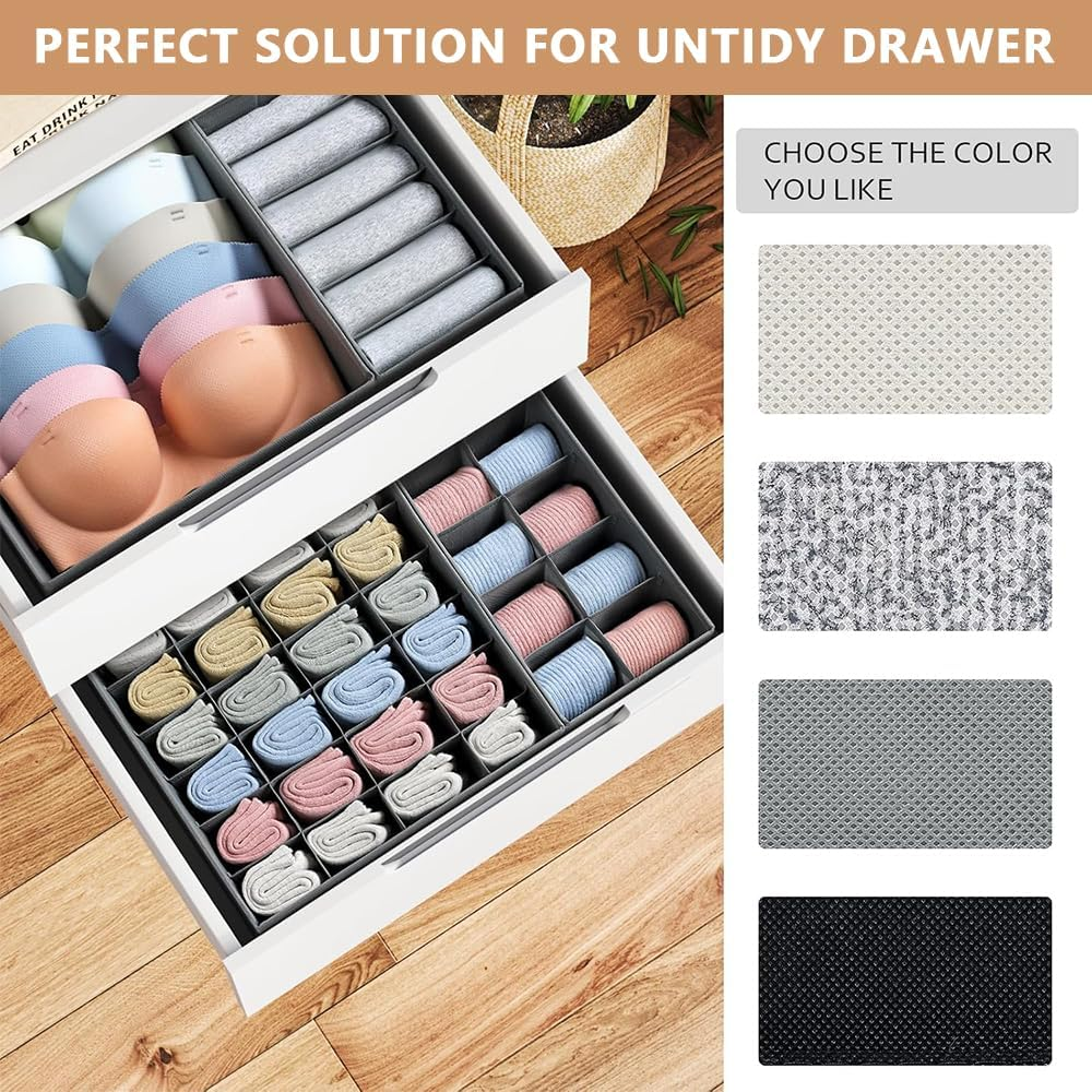 4-Pack Foldable Fabric Drawer Organizers &ndash; Closet Storage Dividers for Underwear, Socks, Baby Clothes, Ties, Bras & Scarves &ndash; Dresser Drawer Bins for Nursery, Bedroom (Grey) image number 2