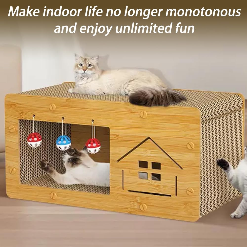 Cat Scratcher House with Cat Cardboard Pad, Wooden Cat Scratcher House with Ball with Bell, Large Space Let Your Kitties Scratch, Play, & Rest Cardboard Cat House Easy to Assemble 60X30X30 Cm image number 1