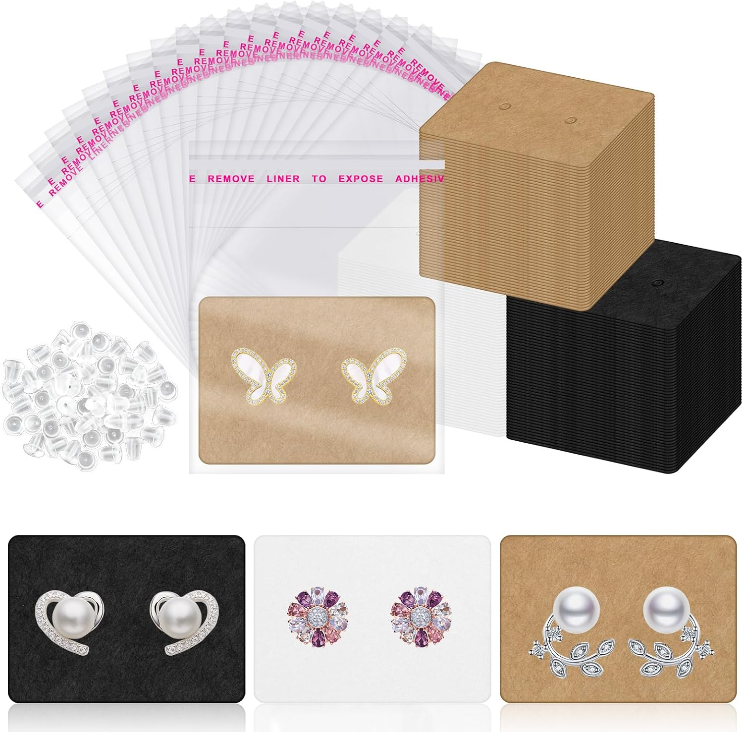 Tanstic 800Pcs Earring Cards with Earring Backs and Self-Sealing Bags Kit, Earring Display Cards Earring Holder for Selling Earring Jewelry Display(White/Black/Brown)-25 X 35Mm/1 X 1.37 Inch