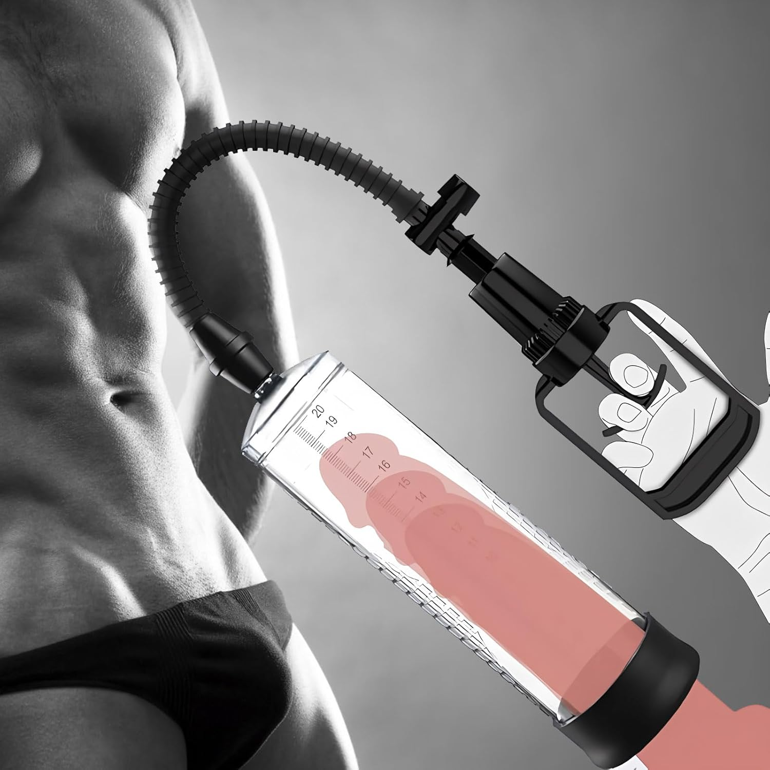 Manual Penis Pump with Realistic Pussy & Silicone Sleeve - 22Cm Extra Long Vacuum Pump for Men, Male Masturbator, Penis Extender, and Erection Enhancer - Discreet Packaging image number 2